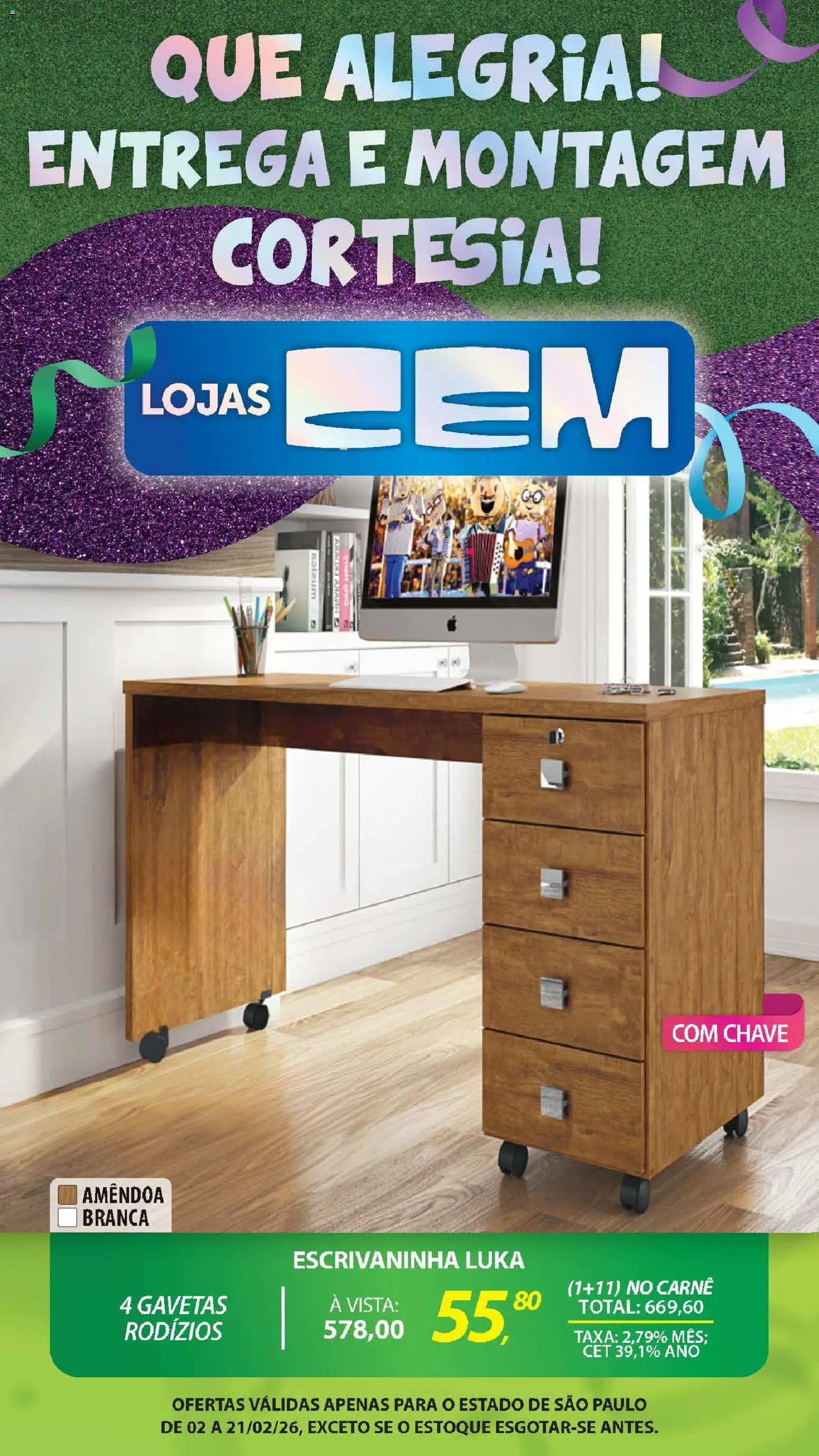 Lojas Cem Folheto - válido de 02.02.2026 | Página: 107 | Produtos: Escrivaninha, Carne