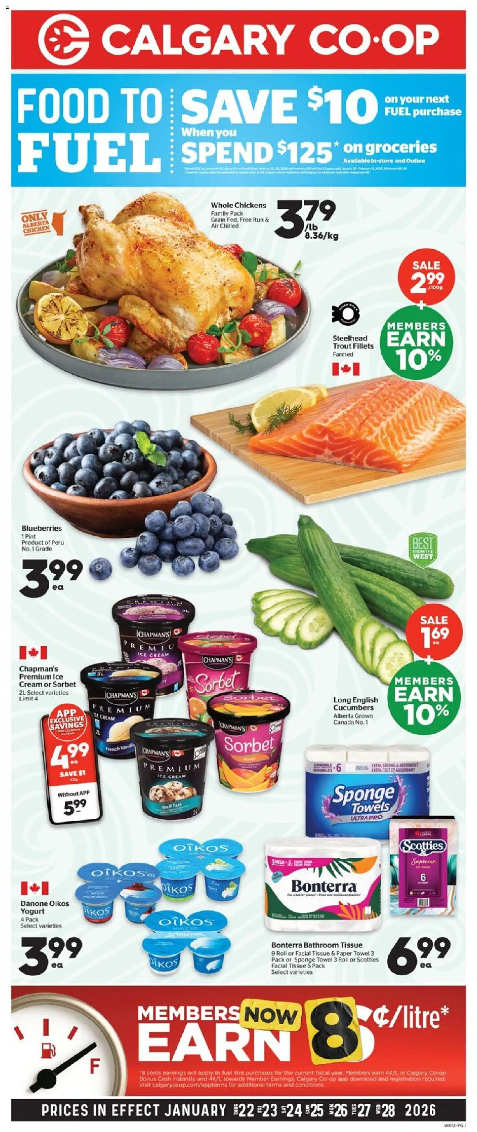Calgary Co-op flyer valid from 22.01.2026 | Page: 1 | Products: Cream, Cucumbers, Sponge, Chicken