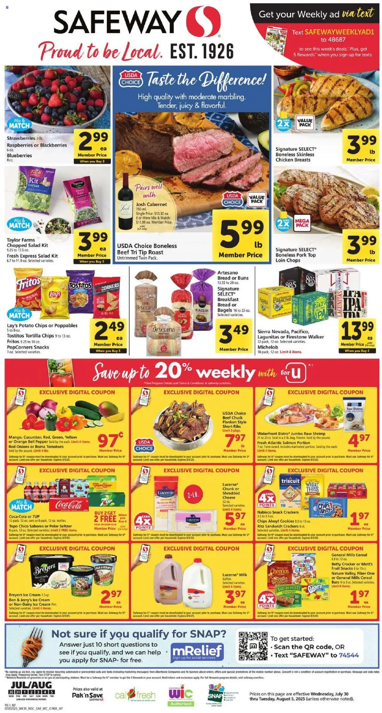 Safeway Weekly Ad - valid from 30.07.2025 | Page: 1 | Products: Tomatoes, Cream, Ice cream, Blueberries