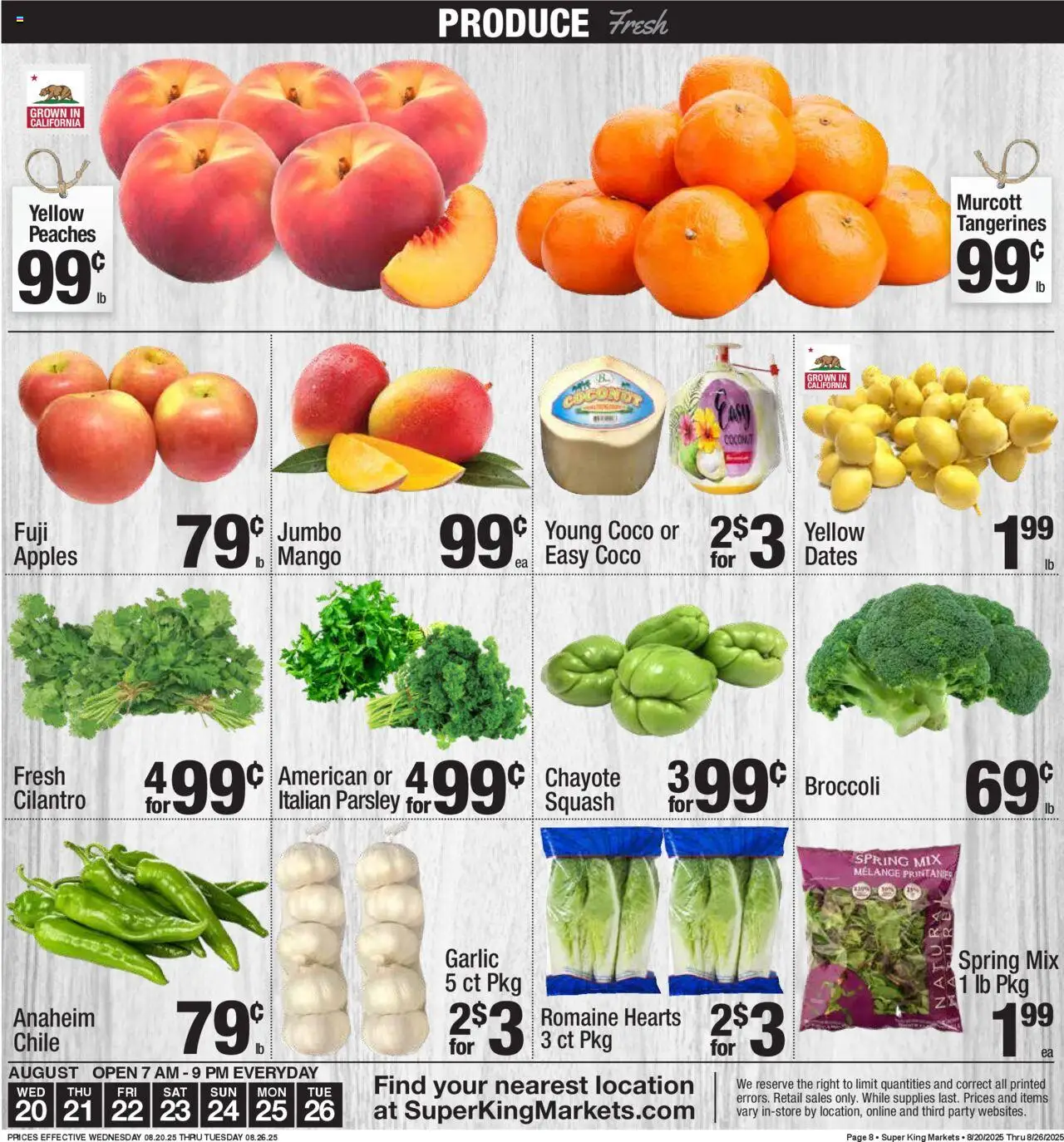 Super King - Weekly Ad - valid from 20.08.2025 | Page: 8 | Products: Peaches, Squash, Tangerines, Parsley