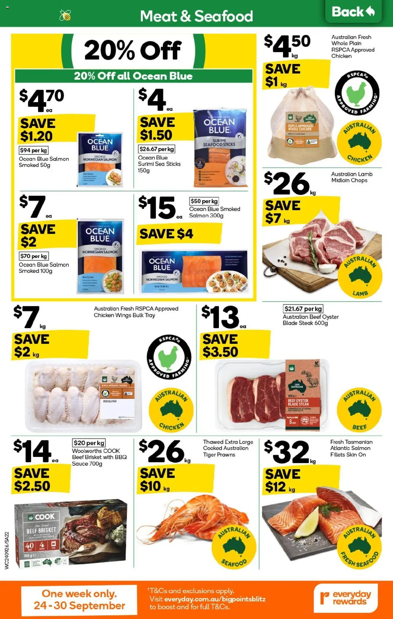 Woolworths catalogue - valid from 24.09.2025 | Page: 22 | Products: Beef, Meat, Prawns, Salmon