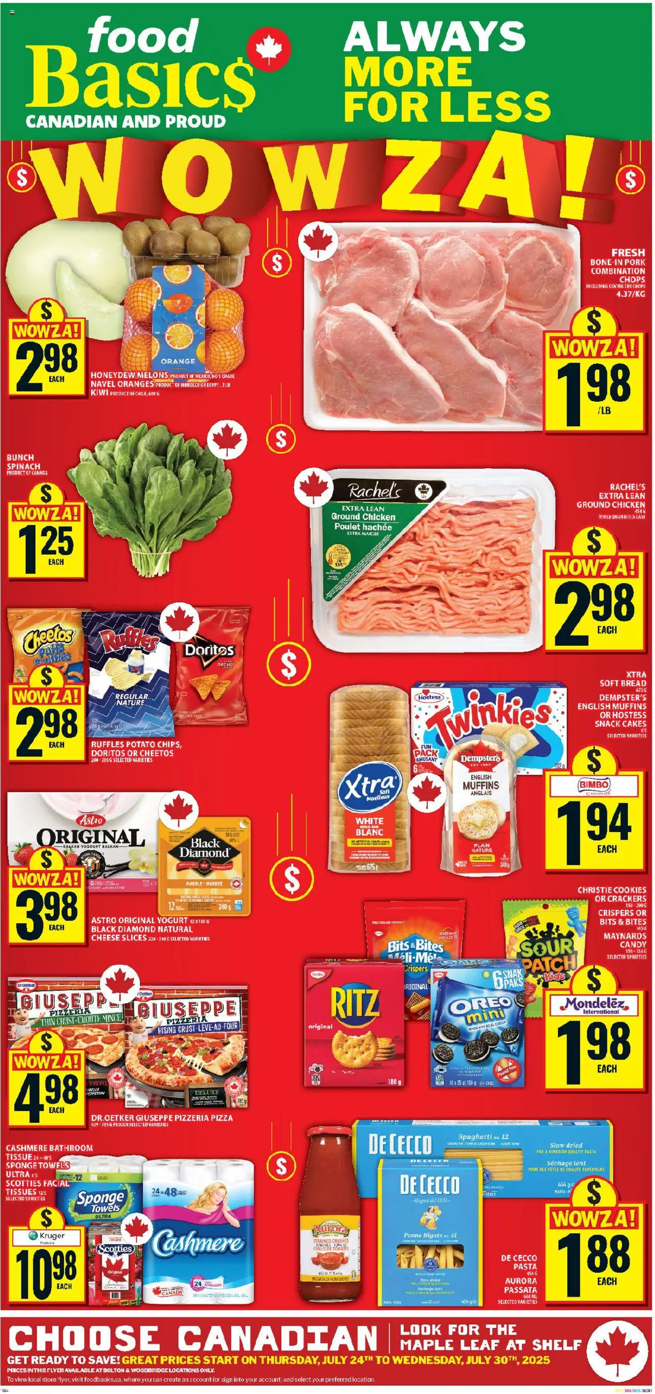 Food Basics flyer valid from 24.07.2025 | Page: 1 | Products: Kiwi, Sponge, Shelf, Cheese