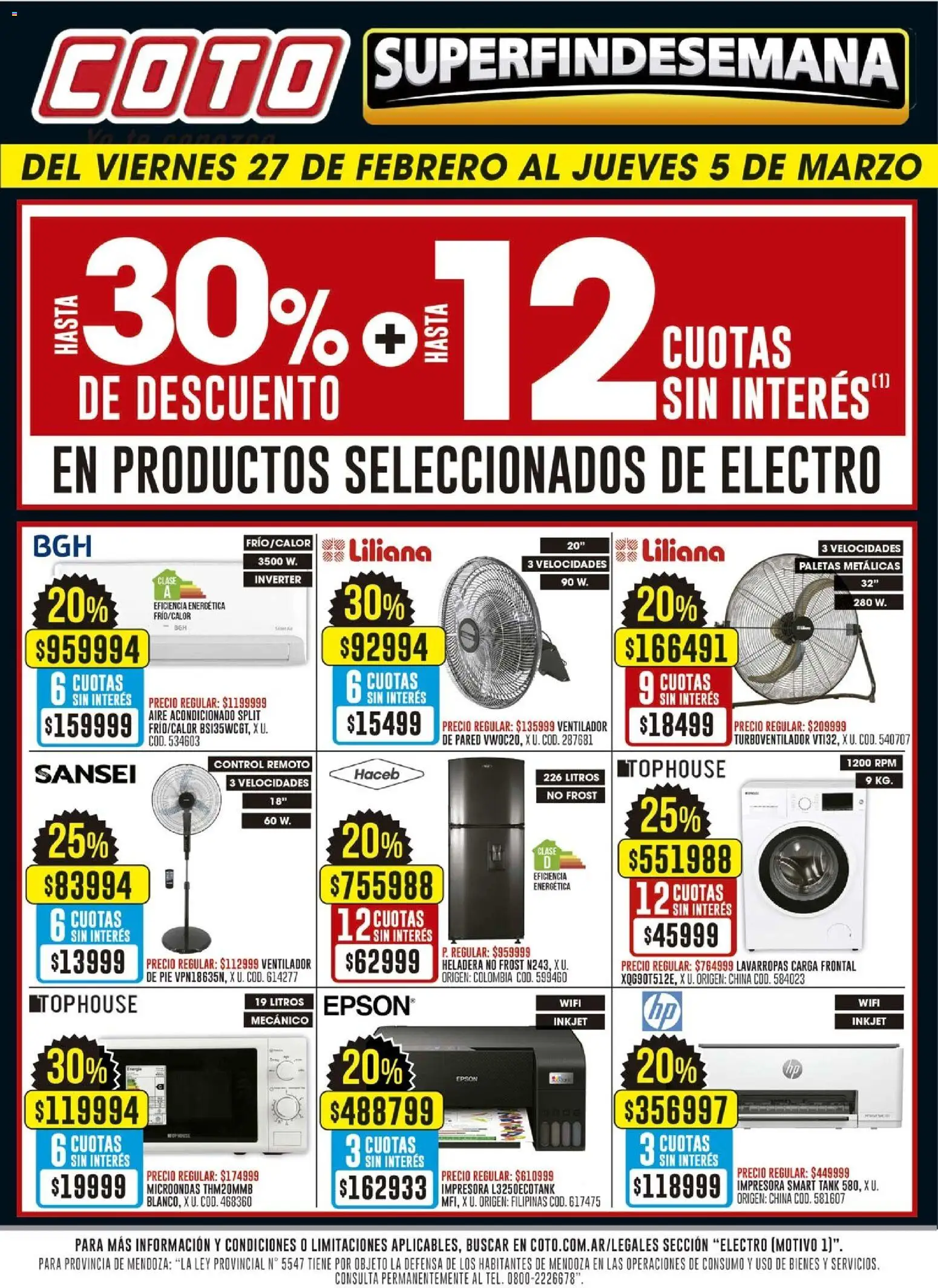 Coto - Electro Motivo │ válido desde el 27.02.2026 | Página: 1 | Productos: Impresora, Aire acondicionado, Lavarropas, Control remoto
