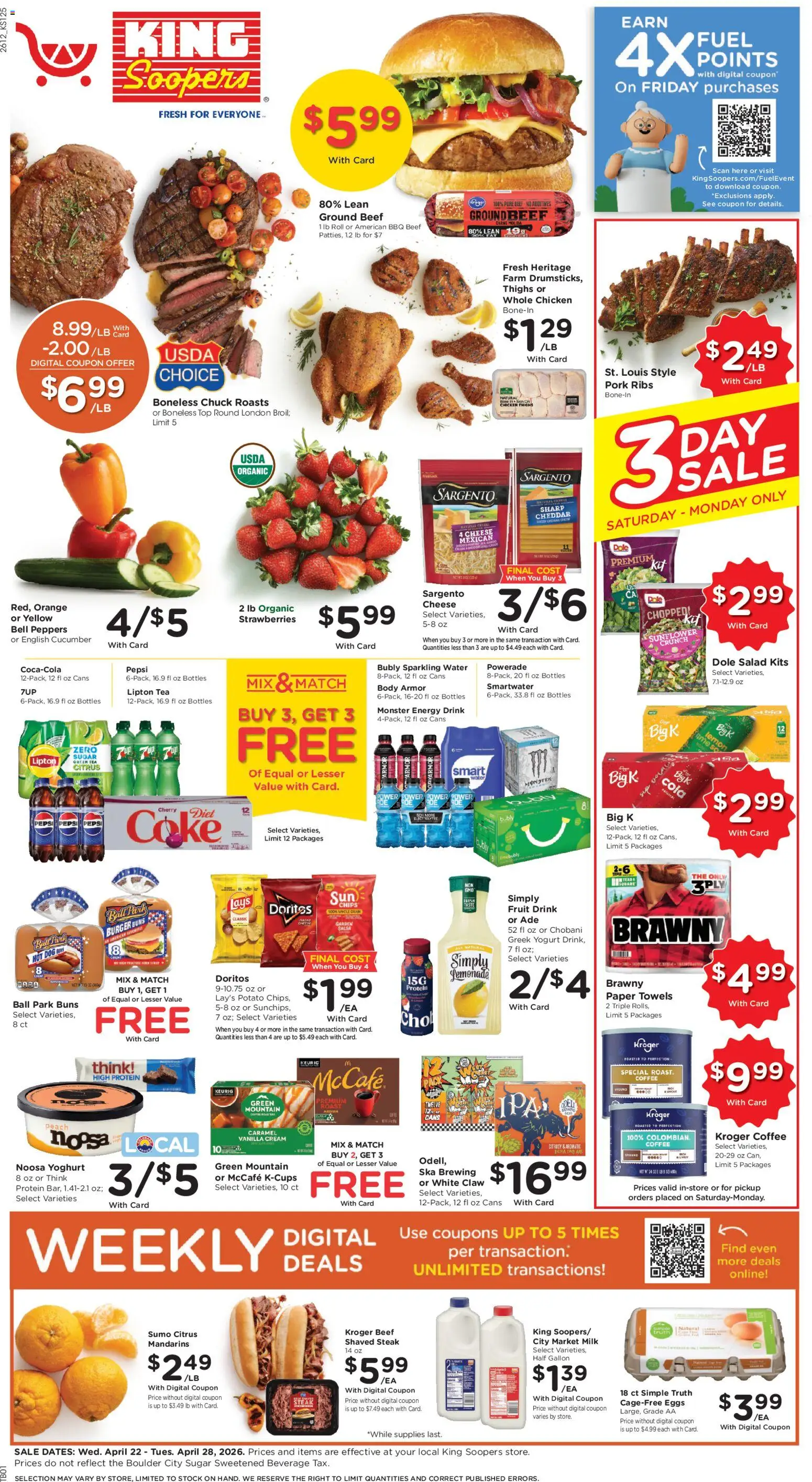 King Soopers Weekly Ad - valid from 22.04.2026 | Page: 1 | Products: Mandarins, Eggs, Pork, Water