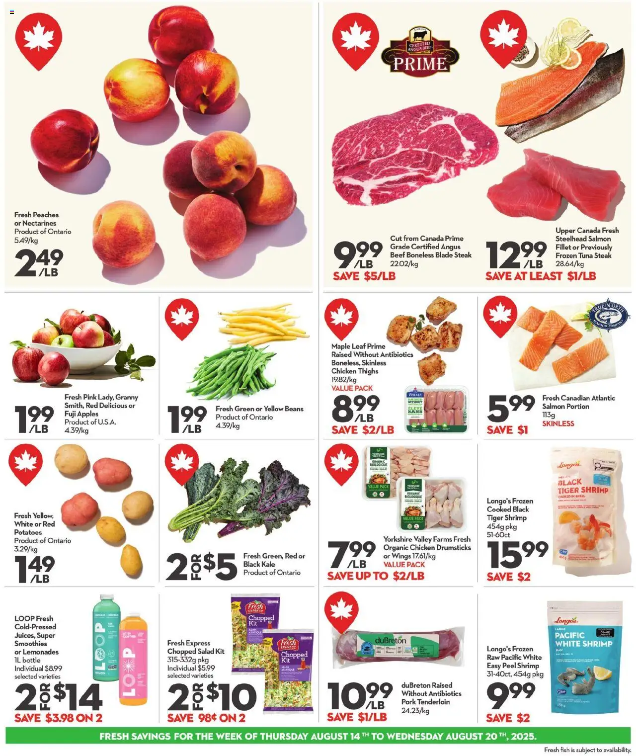 Longo's flyer valid from 14.08.2025 | Page: 5 | Products: Fish, Beef, Salad, Chicken