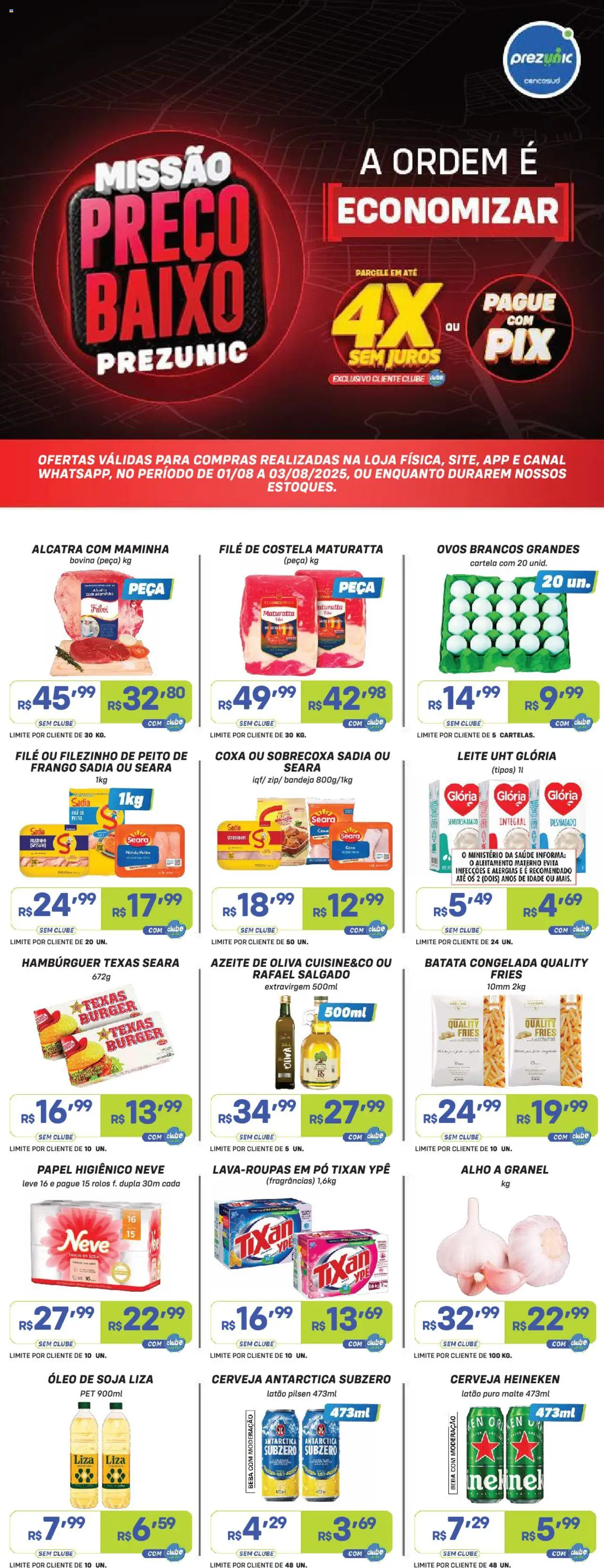 Prezunic Folheto - válido de 01.08.2025 | Página: 1 | Produtos: Leite, Baixo, Papel higiênico, Soja