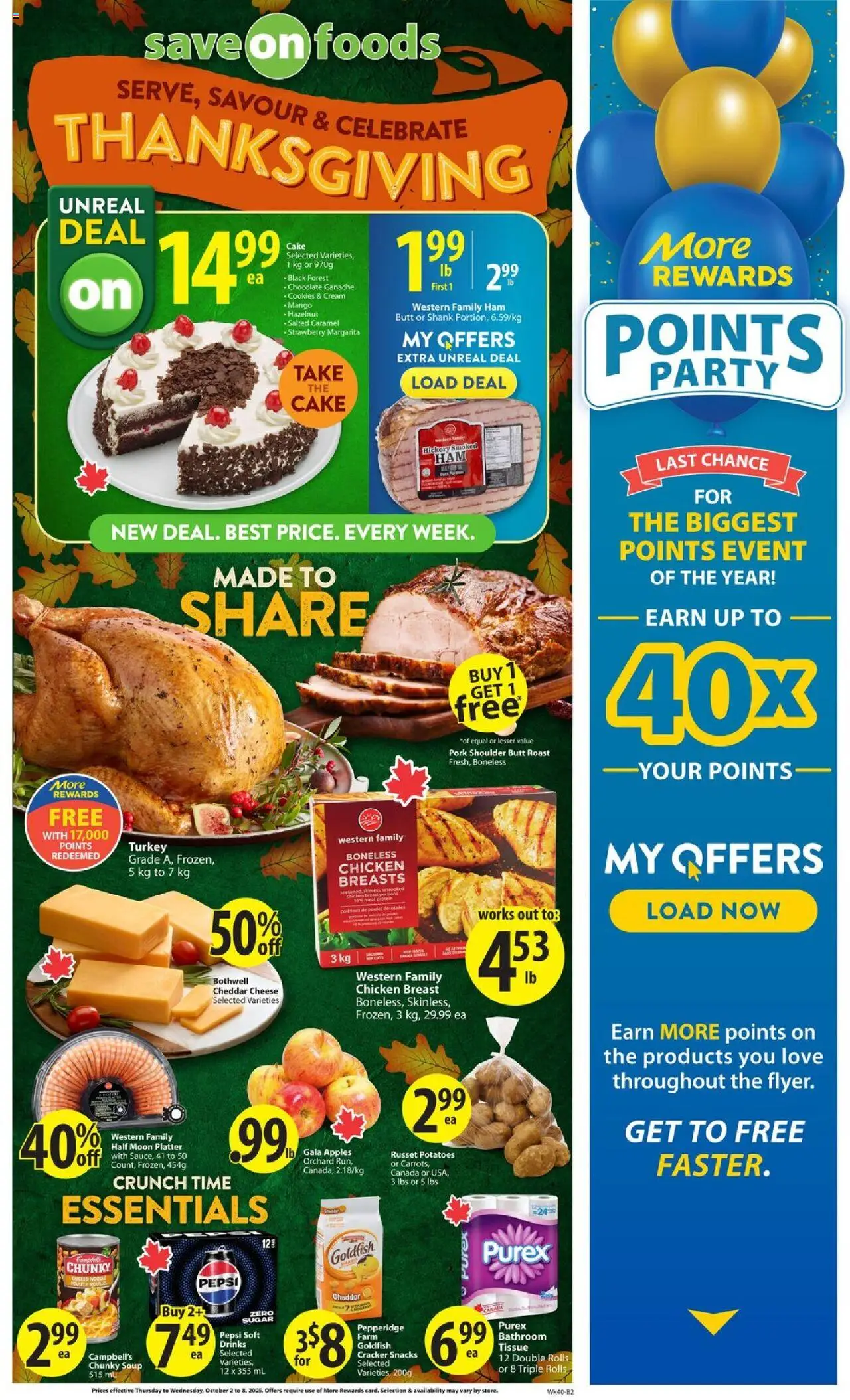 Save on foods flyer valid from 02.10.2025 | Page: 2 | Products: Chicken breasts, Ham, Chicken, Pork