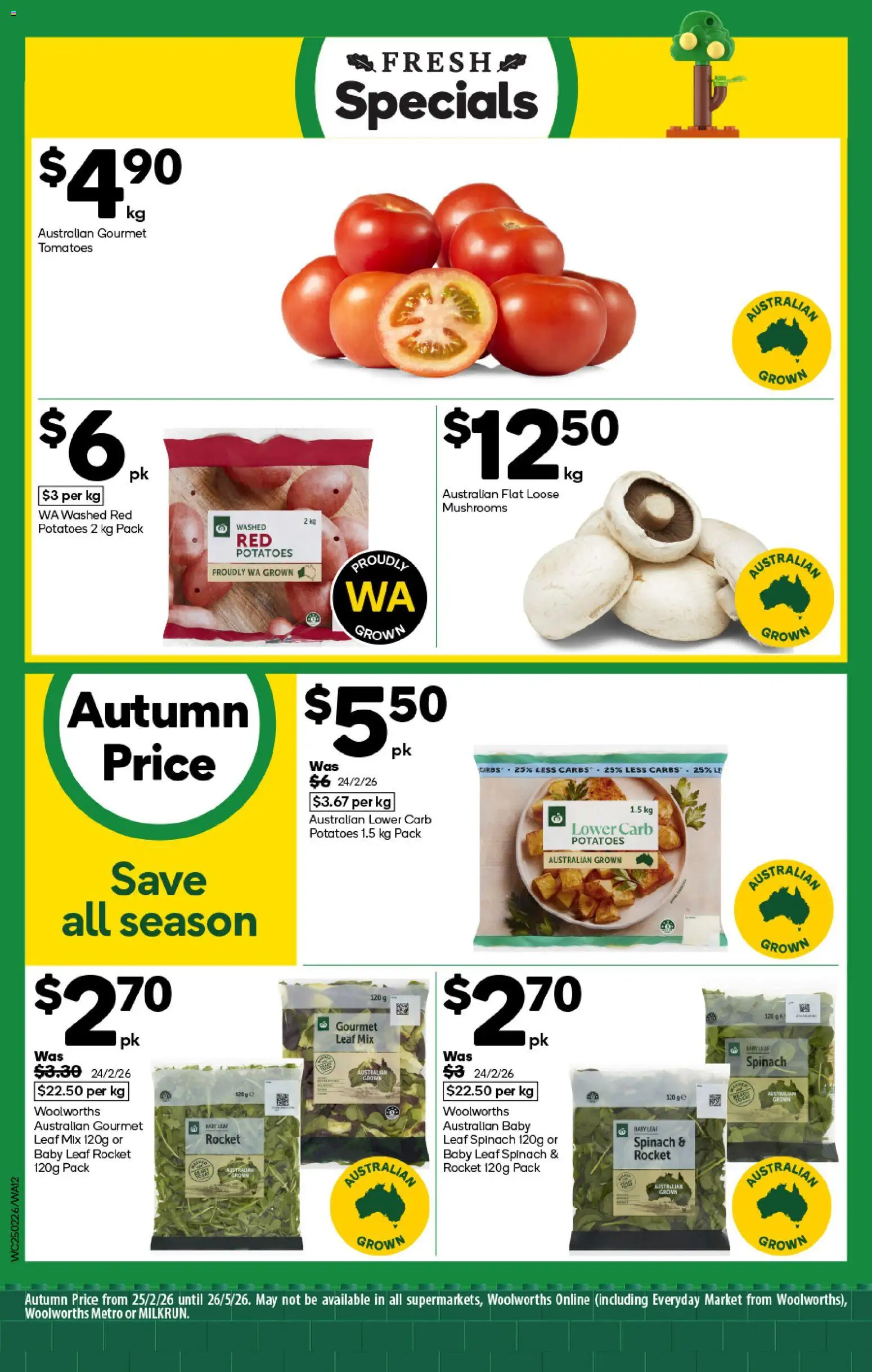 Woolworths catalogue - valid from 25.02.2026 | Page: 12 | Products: Tomatoes, Mushrooms, Potatoes, Spinach