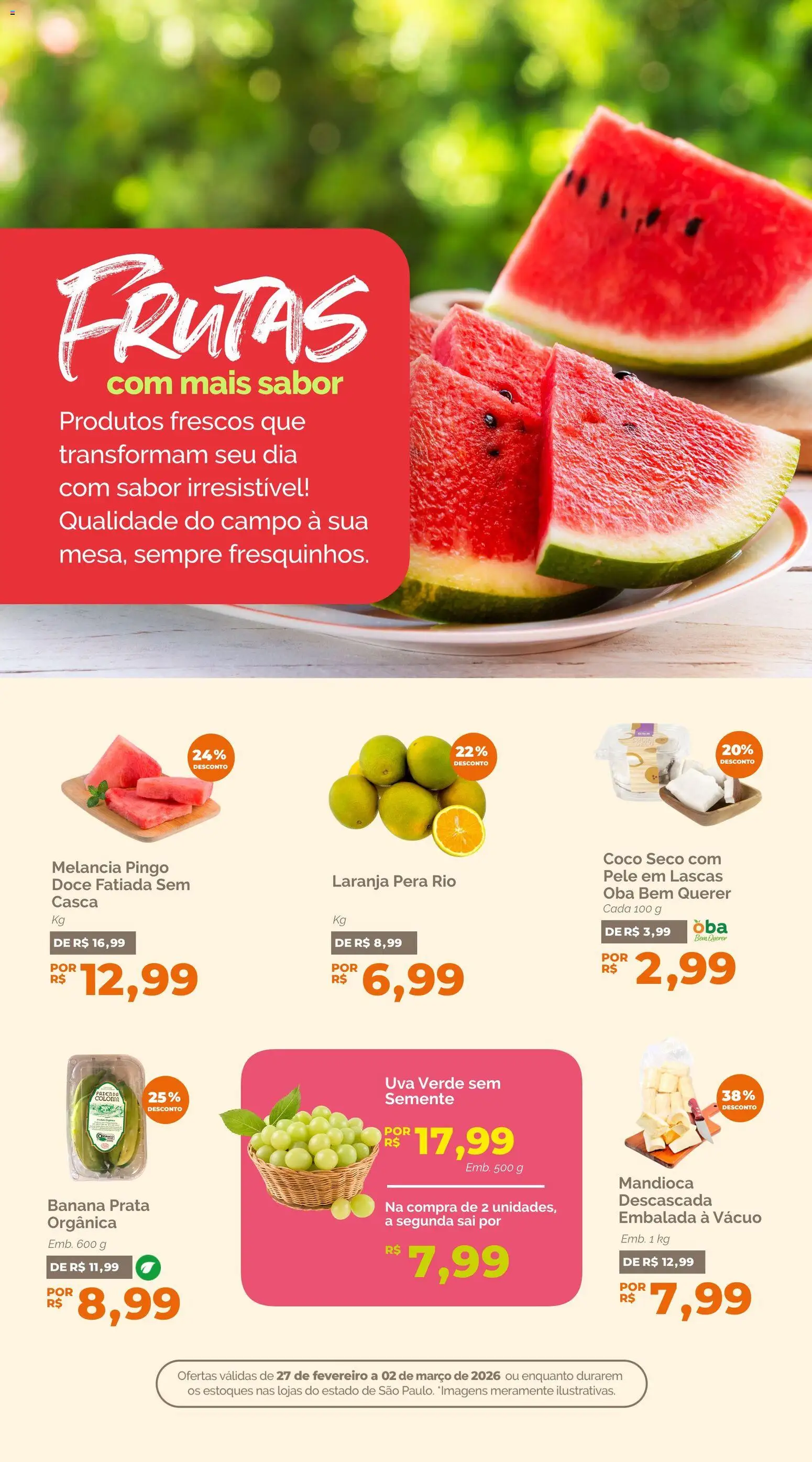 Oba Hortifruti Folheto - válido de 27.02.2026 | Página: 5 | Produtos: Coco, Melancia, Pera, Mandioca