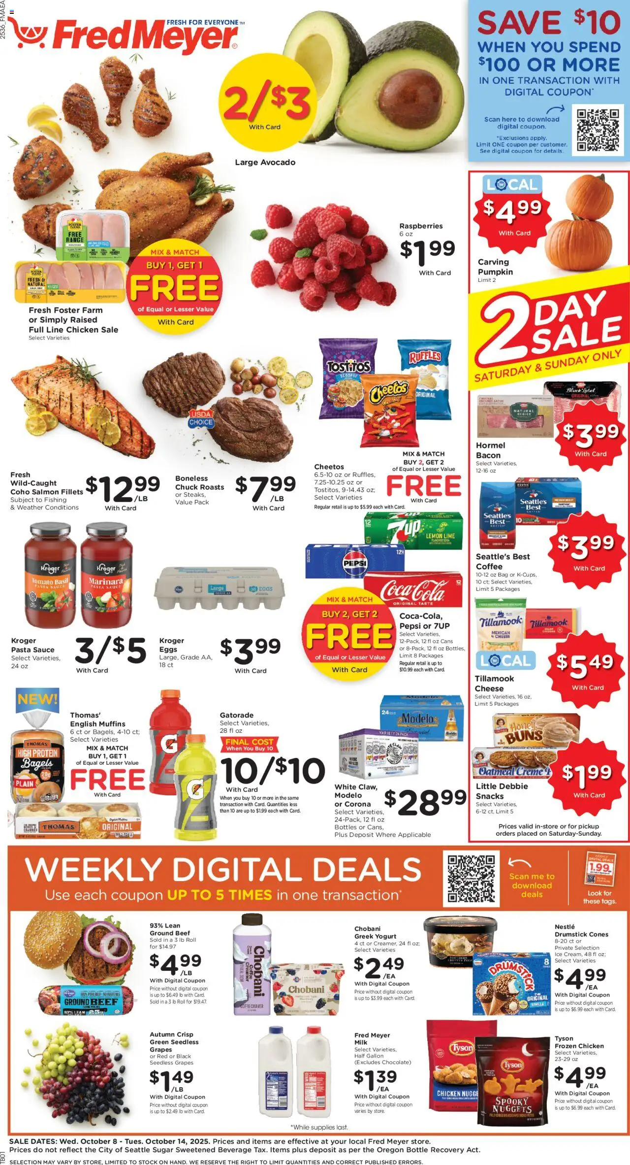 Fred Meyer Weekly Ad - valid from 08.10.2025 | Page: 1 | Products: Eggs, Sauce, Grapes, Bag