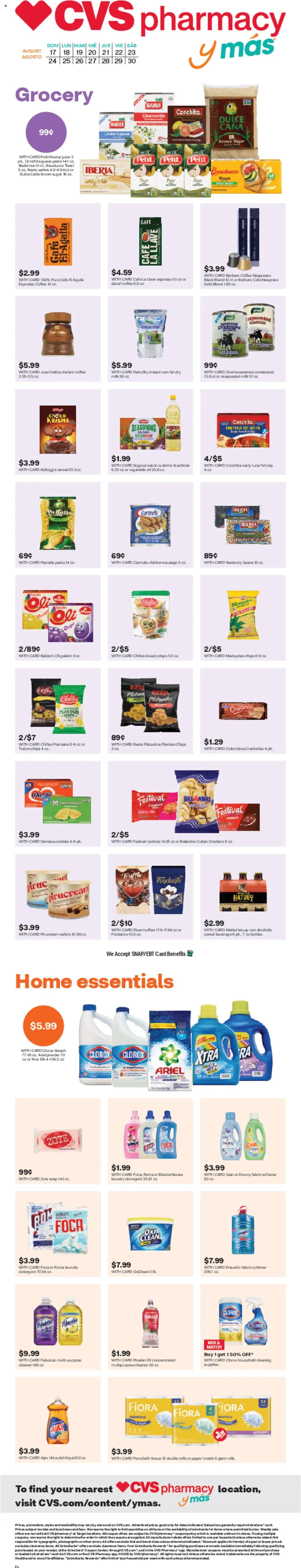 CVS Pharmacy y más - valid from 17.08.2025 | Page: 1 | Products: Coffee, Detergent, Sugar, Pear