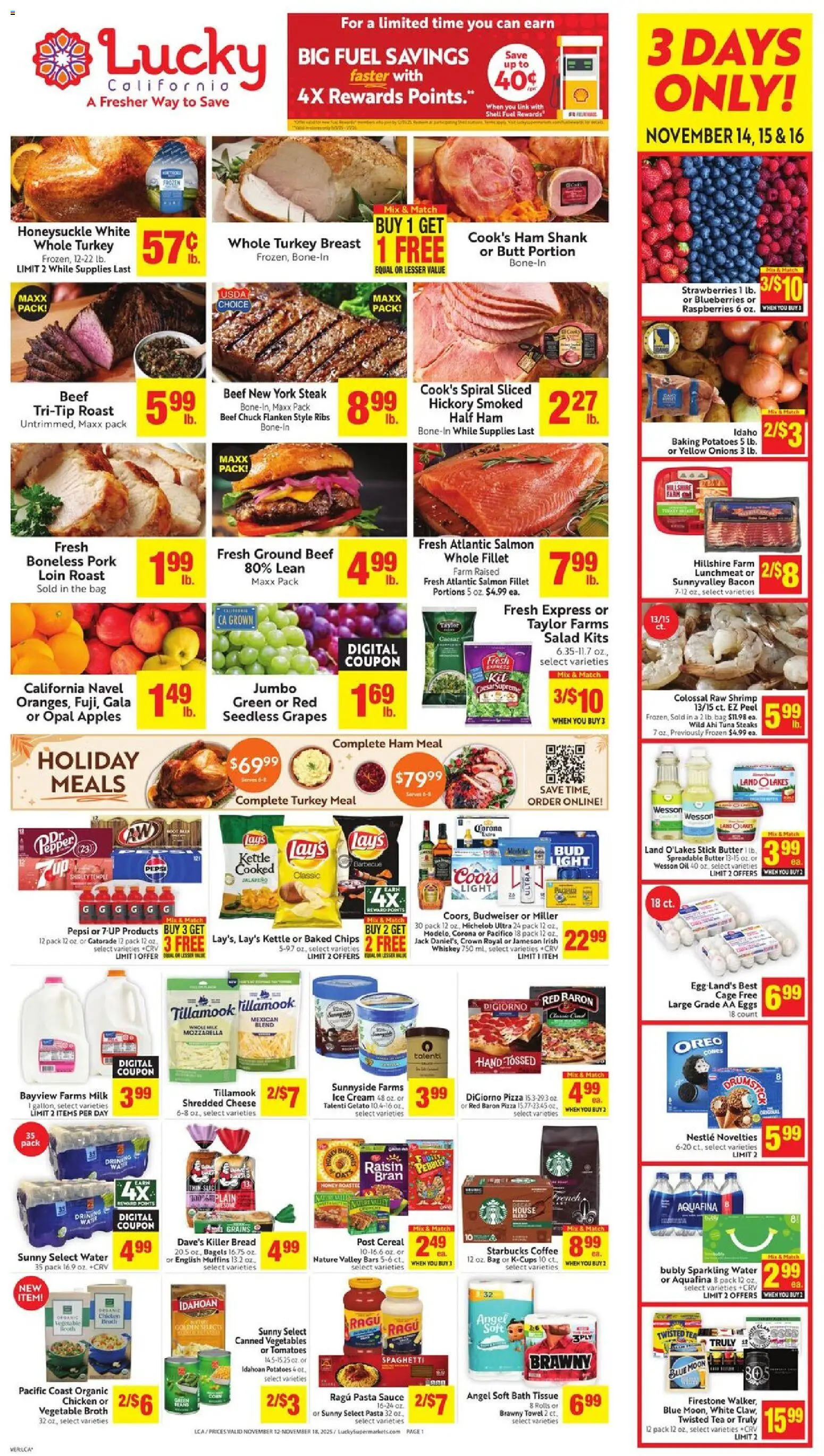 Lucky Supermarkets Weekly Ad - valid from 12.11.2025 | Page: 1 | Products: Milk, Butter, Ham, Tea