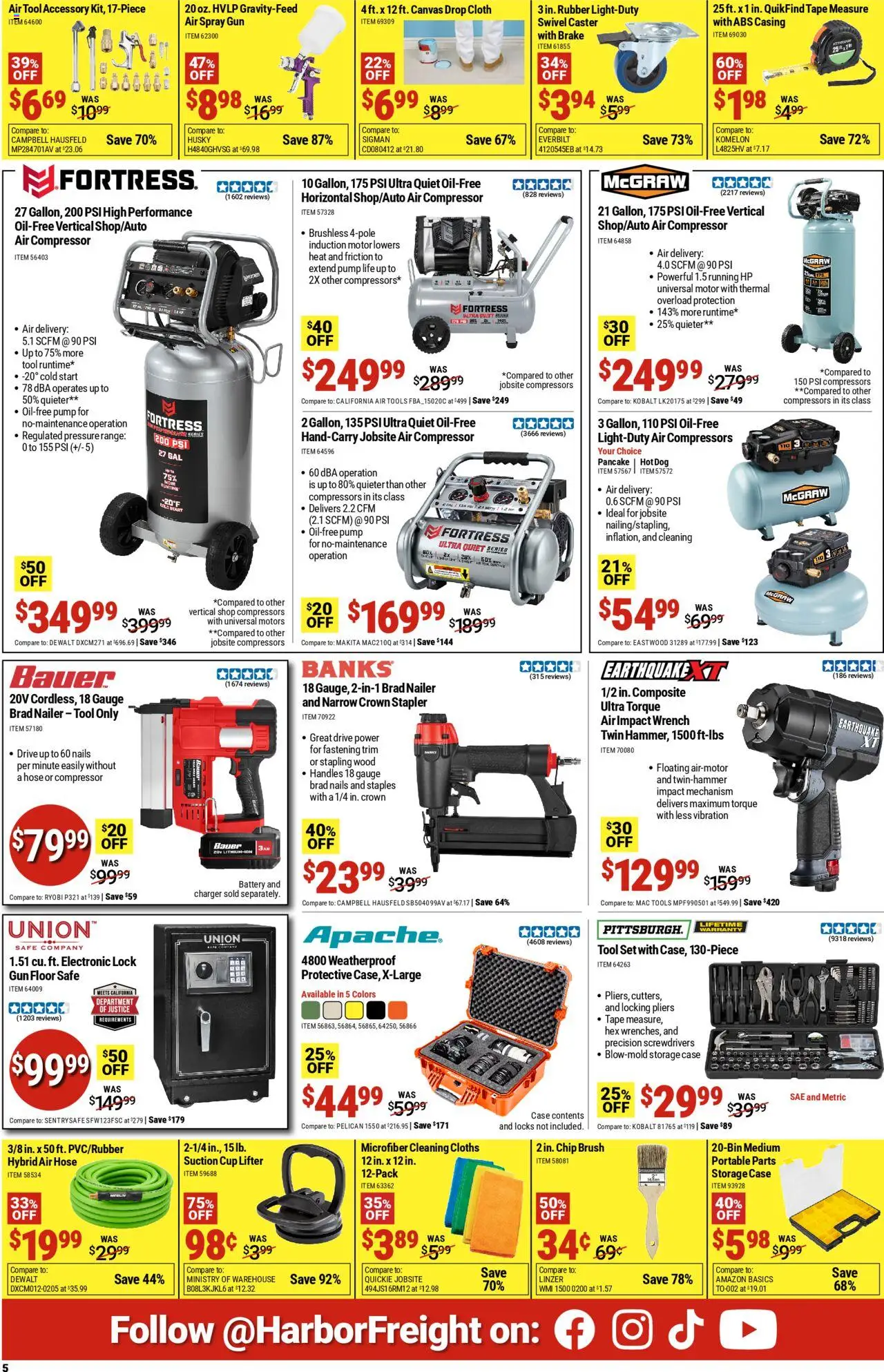 Harbor Freight Weekly Ad - valid from 06.10.2025 | Page: 5 | Products: Compressor, Wrench, Brush, Charger