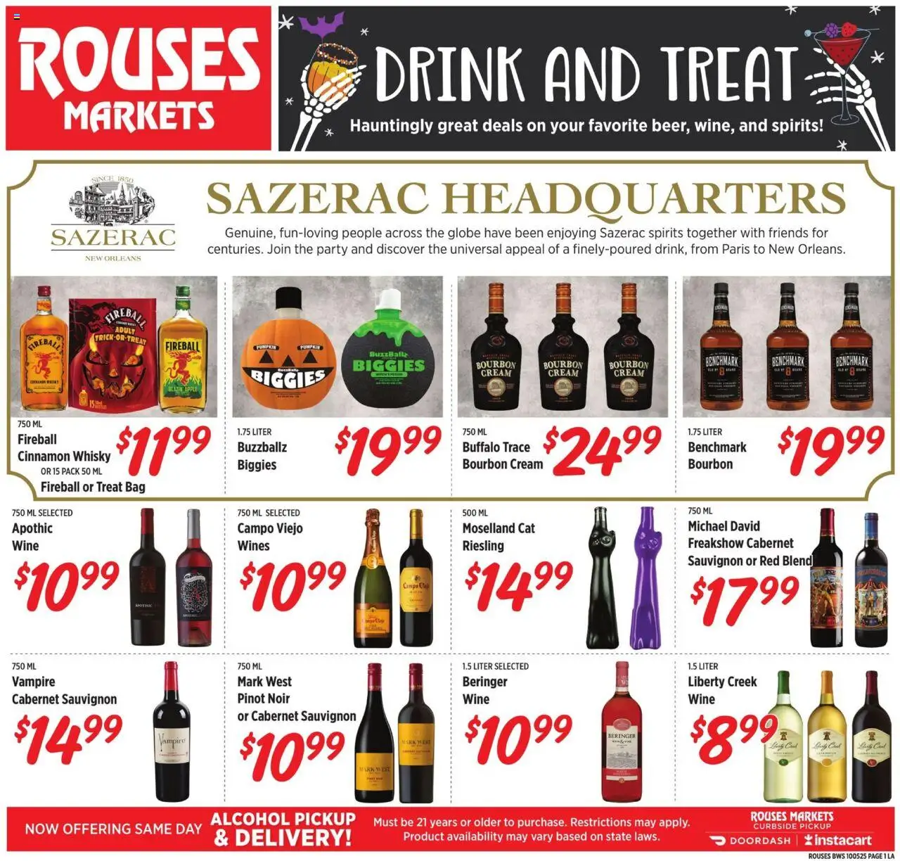 Rouses Alcohol Specials - valid from 01.10.2025 | Page: 1 | Products: Wine, Bourbon, Cream, Bag