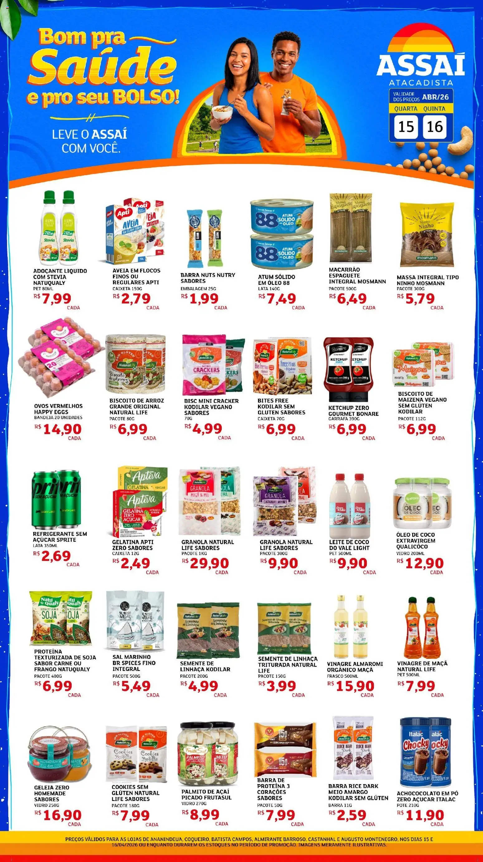 Assaí Atacadista Folheto - válido de 15.04.2026 | Página: 1 | Produtos: Linhaça, Palmito, Biscoito, Adoçante