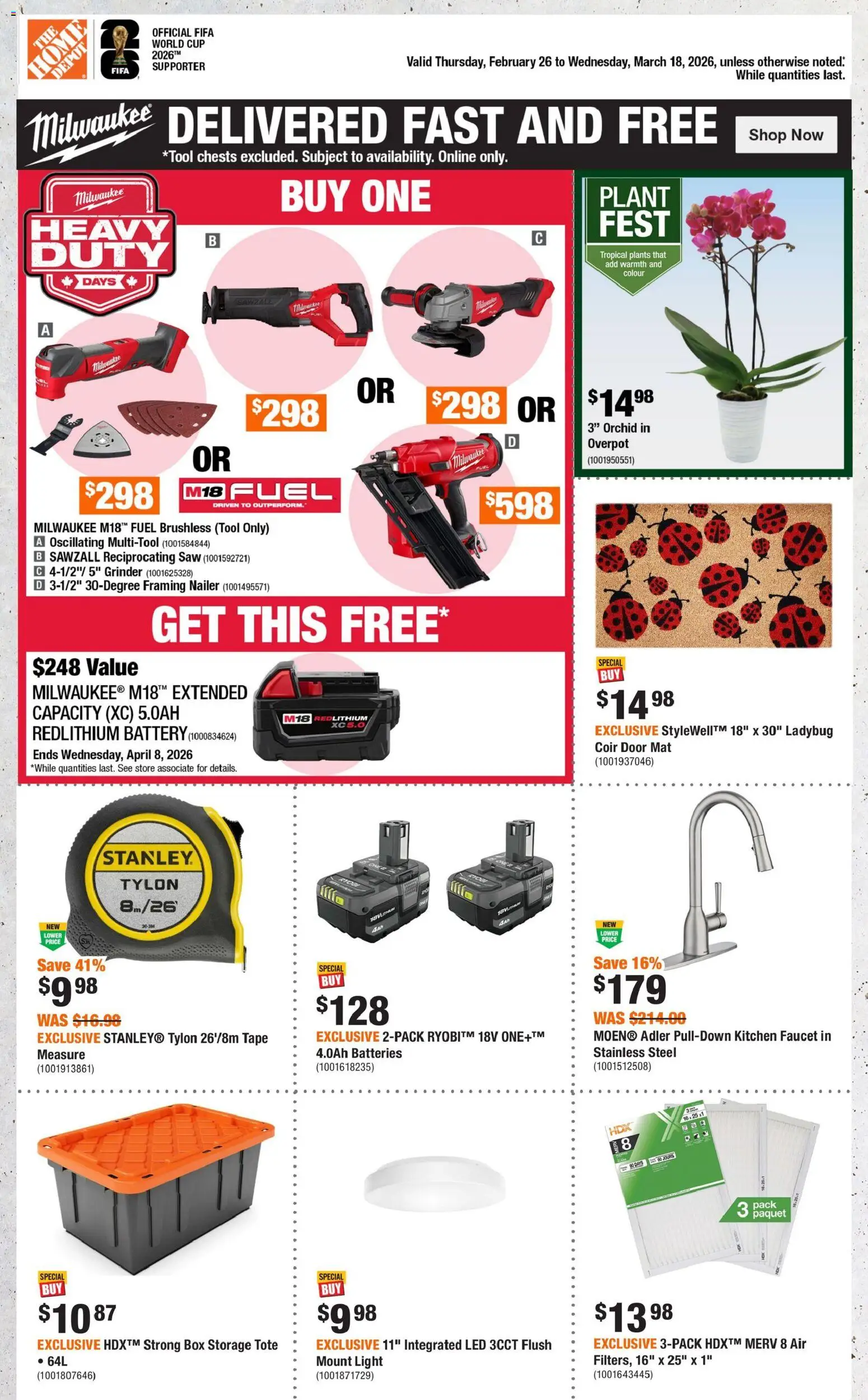 Home Depot flyer valid from 26.02.2026 | Page: 1 | Products: Grinder, Box, Battery