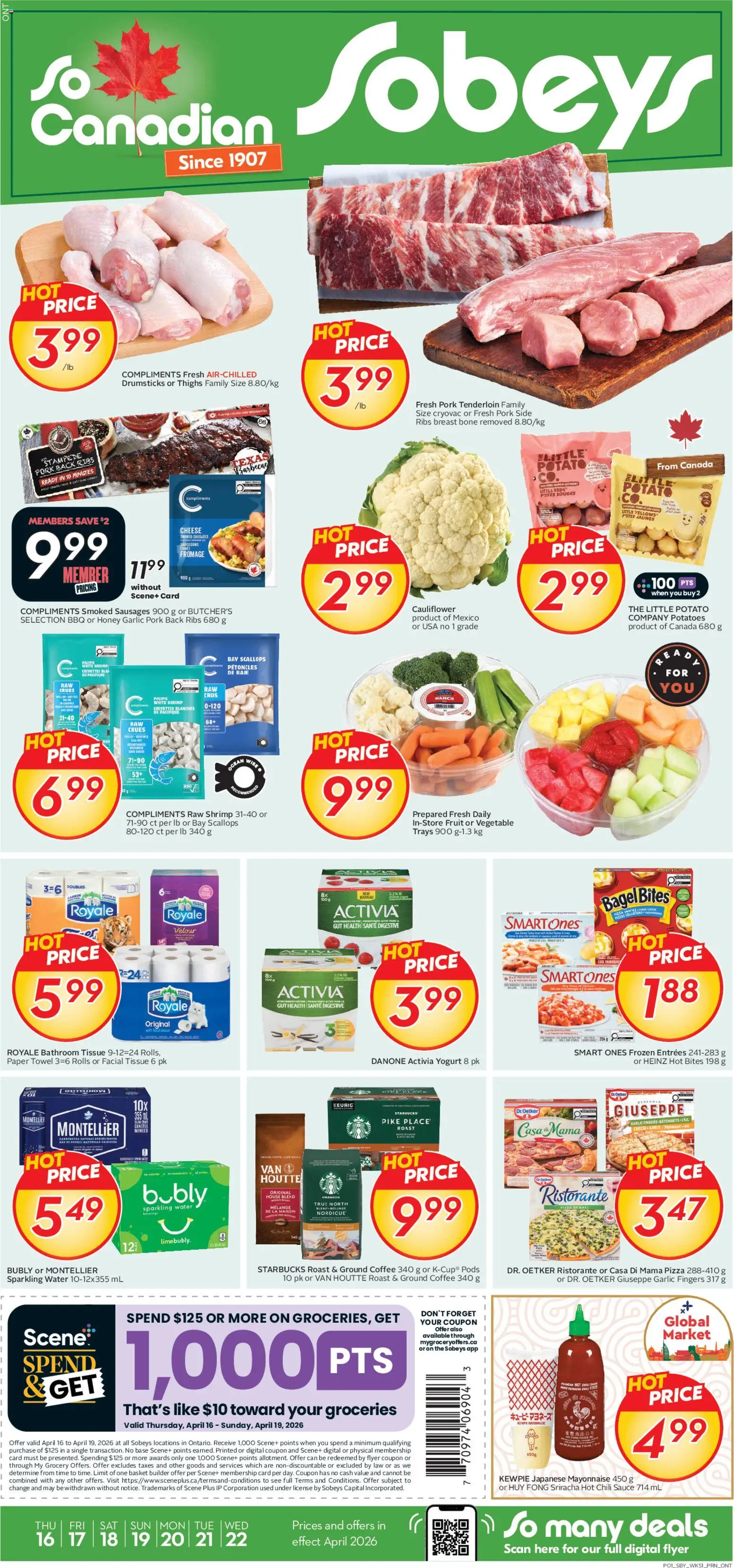 Sobeys flyer valid from 16.04.2026 | Page: 1 | Products: Potatoes, Coffee, Pizza, Pork