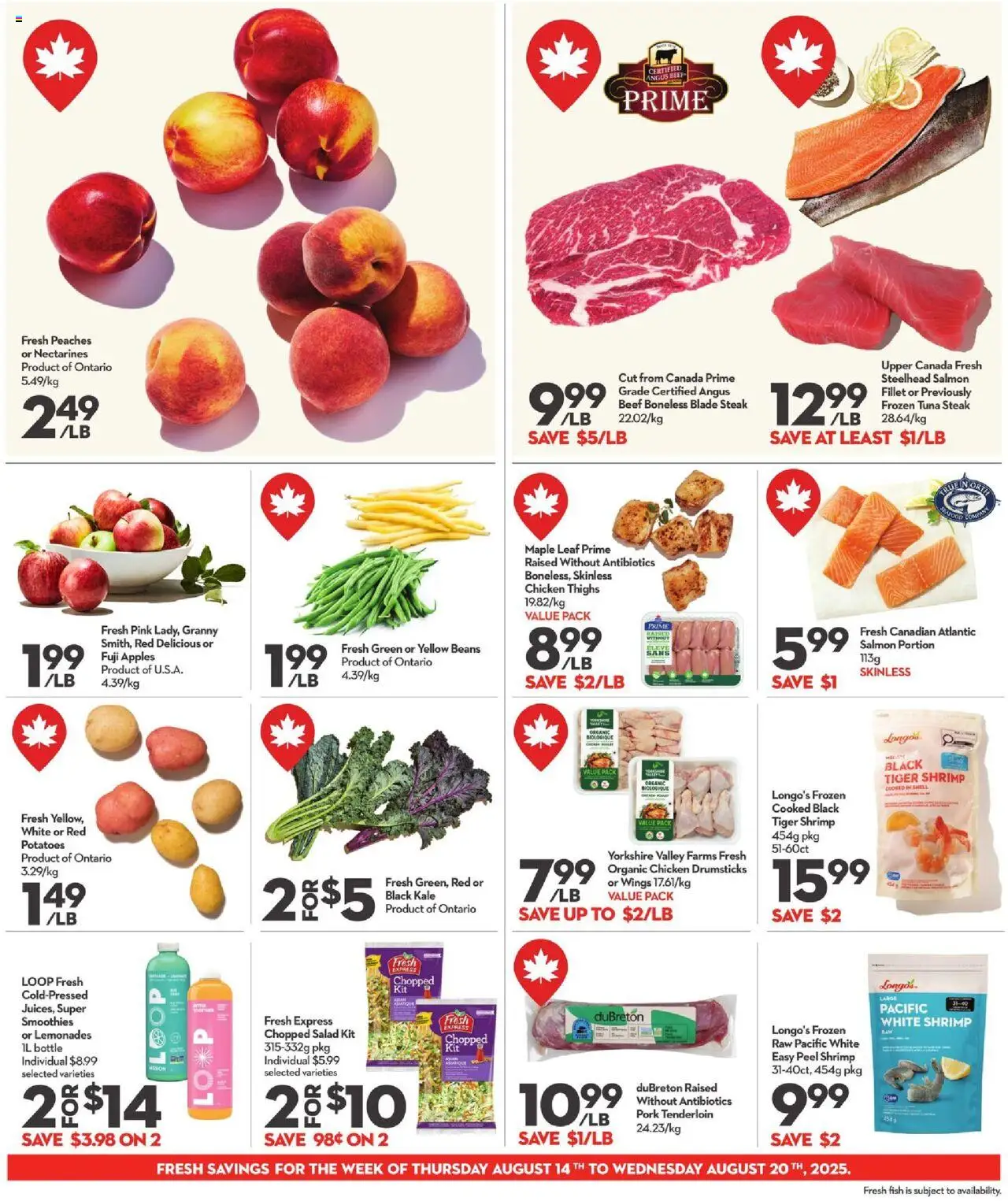 Longo's flyer valid from 14.08.2025 | Page: 5 | Products: Fish, Chicken, Pork, Apples