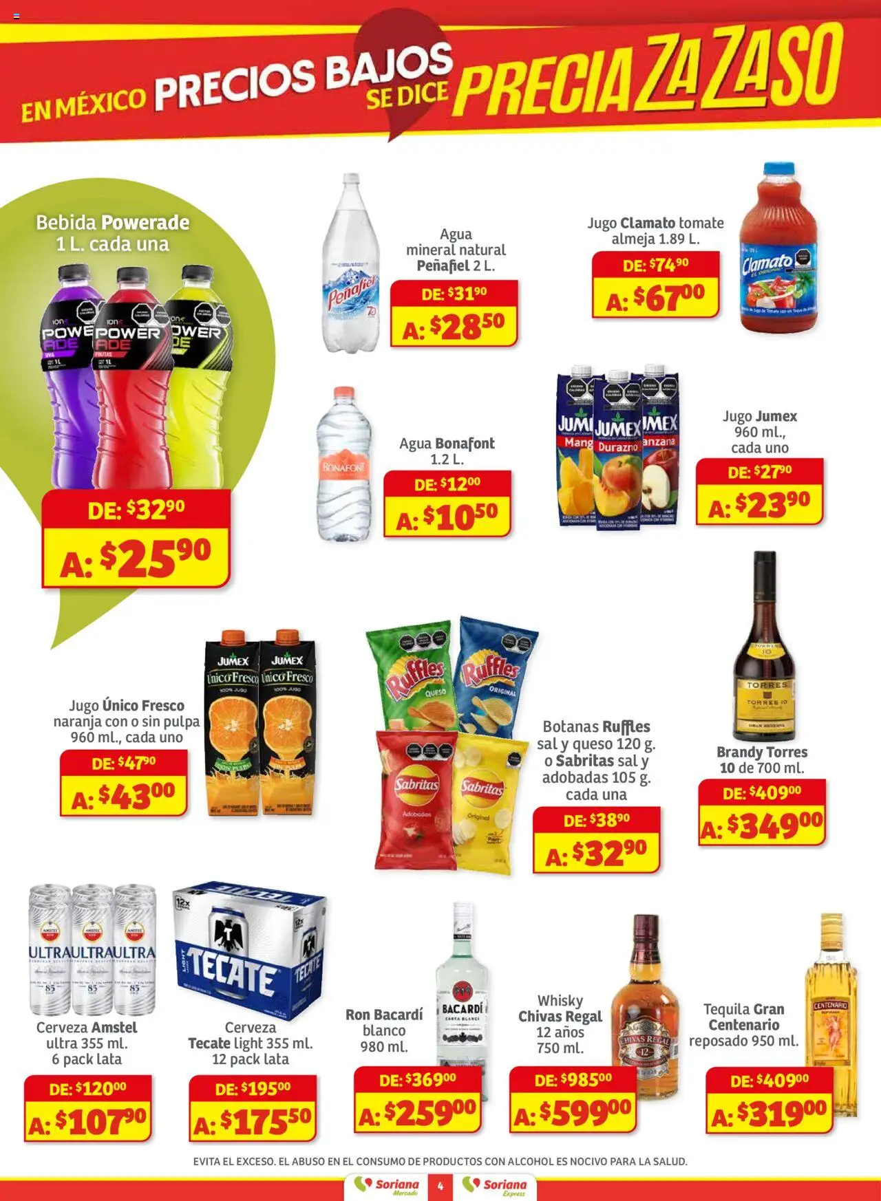 Nuevas ofertas de Soriana válidas en toda la República Mexicana desde el 01.08.2025. ¡Encuentra las mejores ofertas en Soriana - Preciazazaso Mercado: Valle de México! | Página: 4 | Productos: Agua, Cerveza, Tequila, Whisky