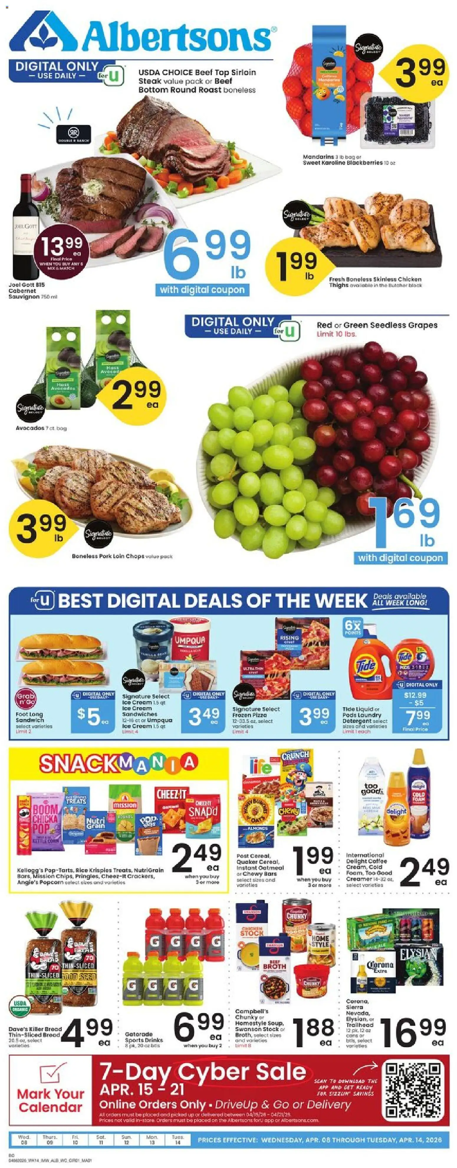 Albertsons Weekly Ad - valid from 08.04.2026 | Page: 1 | Products: Bread, Rice, Beef, Bag