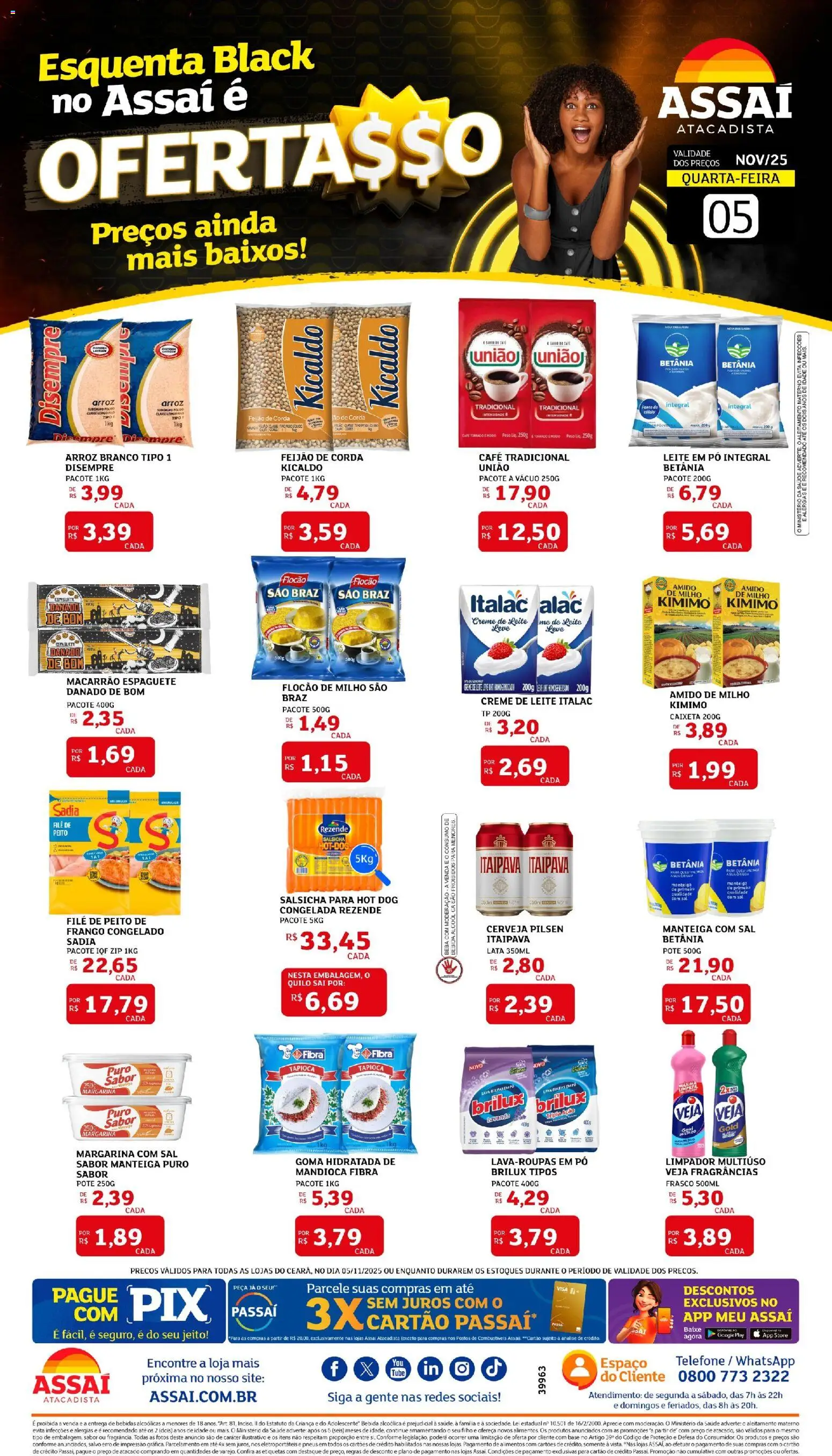 Assaí Atacadista Folheto - válido de 05.11.2025 | Página: 1 | Produtos: Mandioca, Base, Macarrão, Telefone