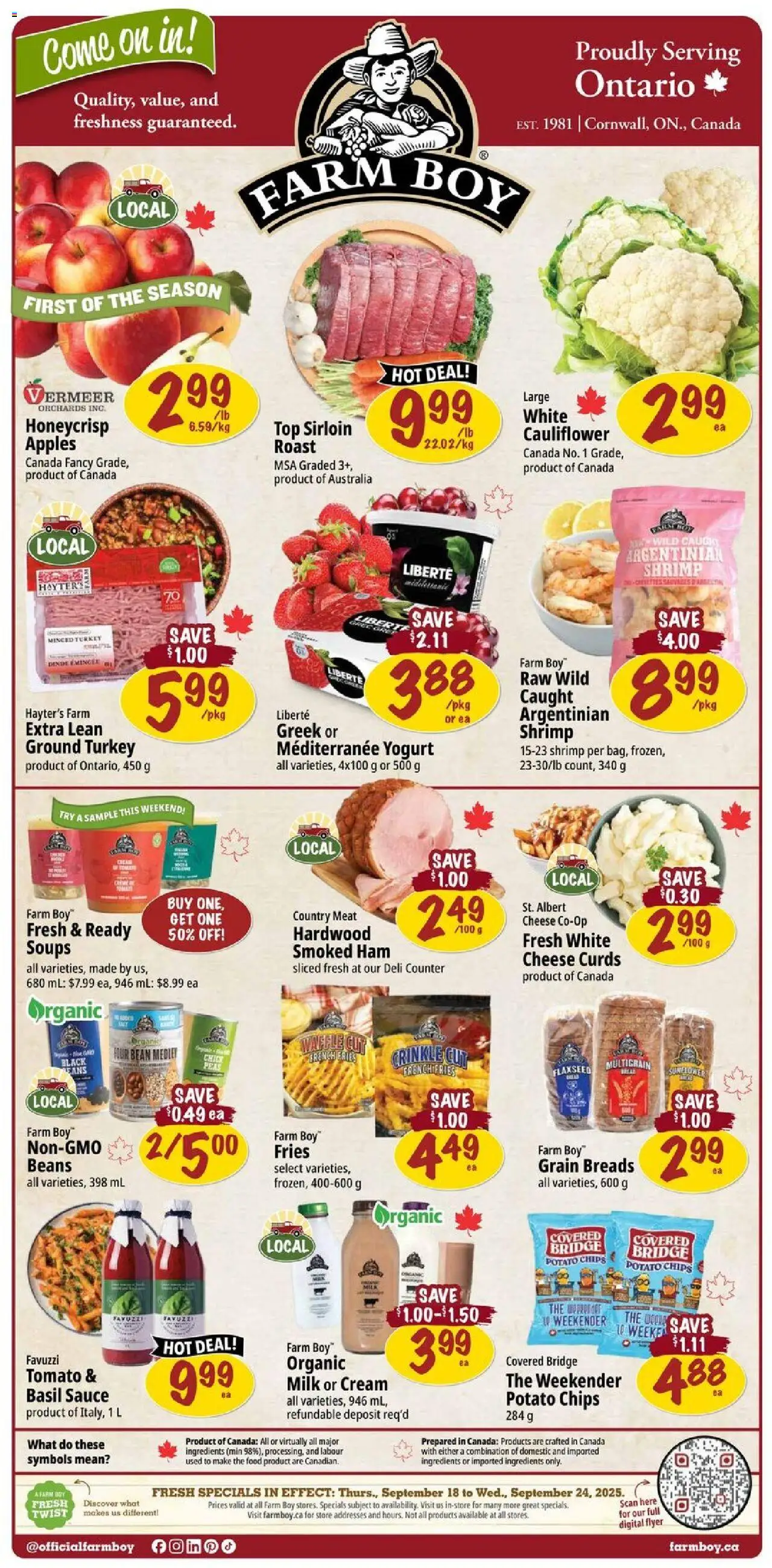 Farm Boy flyer valid from 18.09.2025 | Page: 1 | Products: Chips, Cream, Ham, Apples