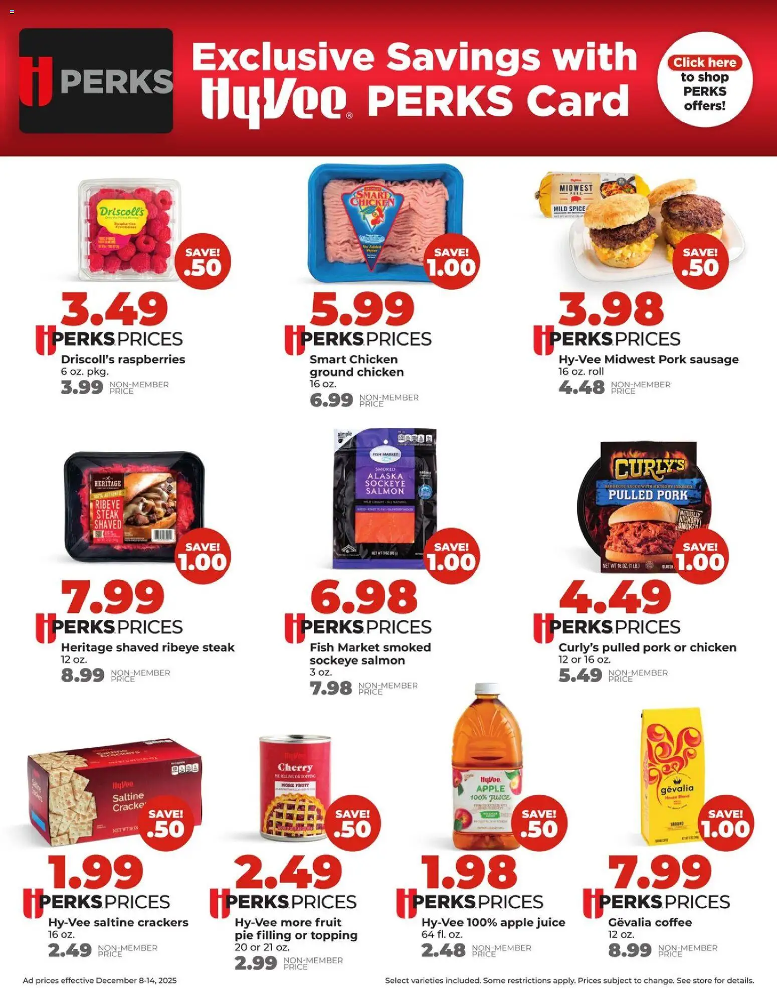 HyVee Weekly Ad - valid from 08.12.2025 | Page: 9 | Products: Coffee, Juice, Pork, Fish
