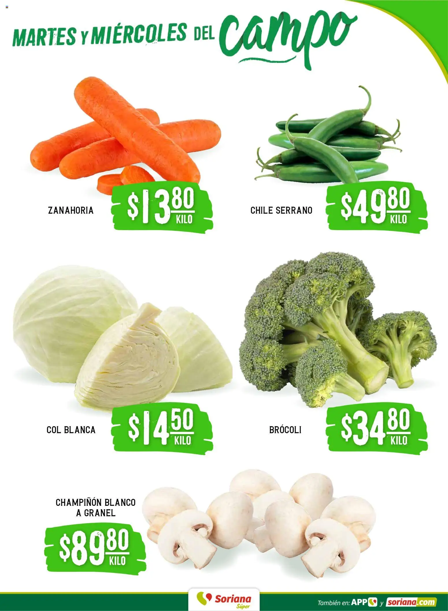 Nuevas ofertas de Soriana válidas en toda la República Mexicana desde el 20.01.2026. ¡Encuentra las mejores ofertas en Soriana - Martes y Miércoles del Campo Súper: Ver, Tab, Chis, Camp, Yuc y Q. Roo! | Página: 3 | Productos: Brocoli, Col, Zanahoria