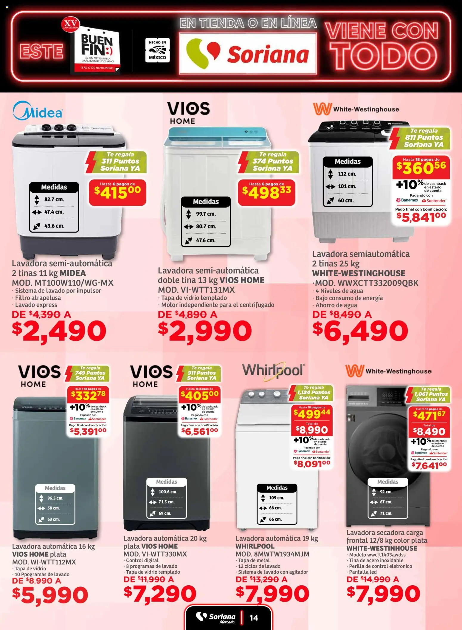 Nuevas ofertas de Soriana válidas en toda la República Mexicana desde el 13.11.2025. ¡Encuentra las mejores ofertas en Soriana - Buen Fin Mercado Frontera! | Página: 14 | Productos: Secadora, Agua, Lavadora, Té