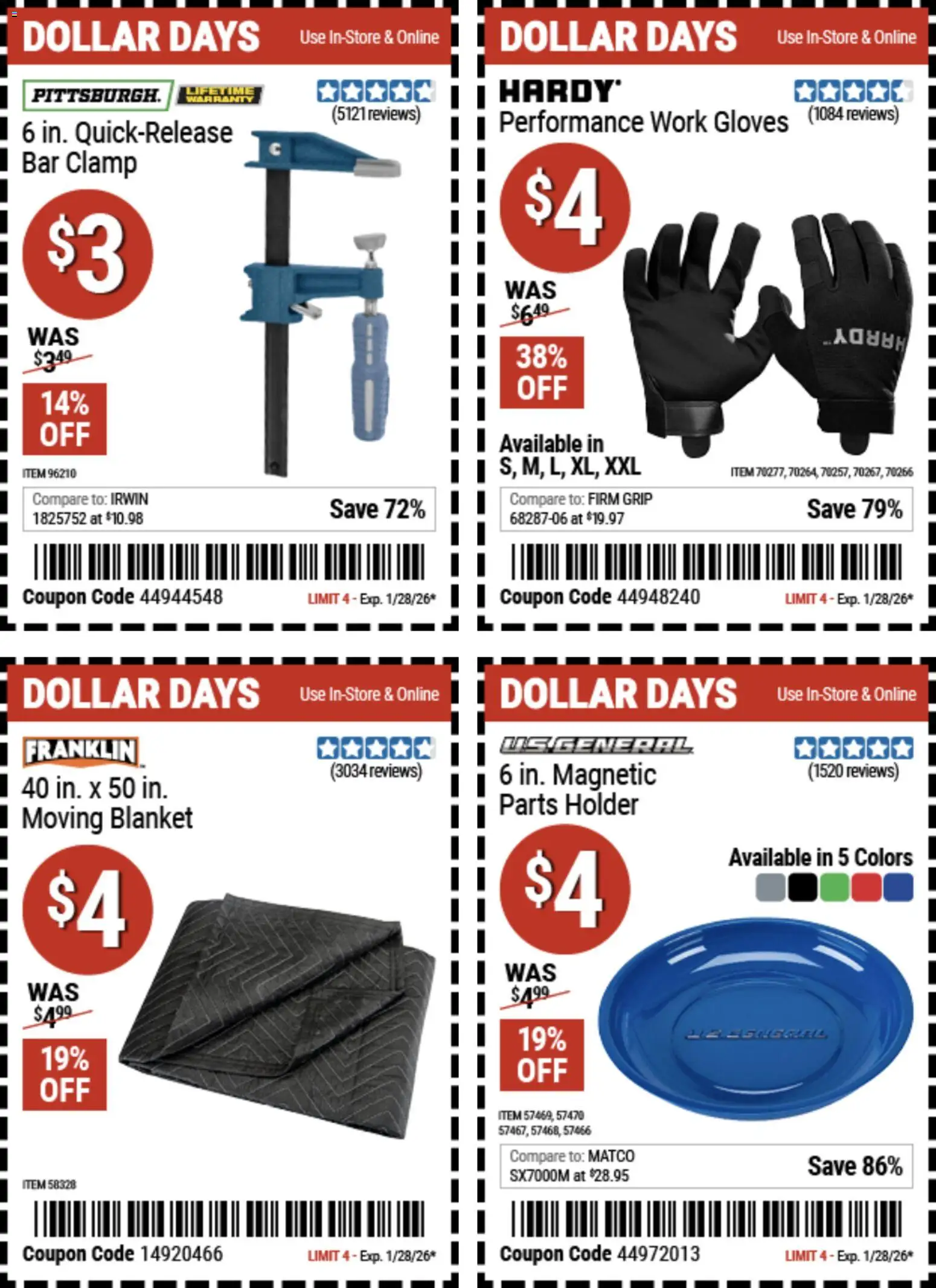 Harbor Freight Dollar Days - valid from 15.01.2026 | Page: 5 | Products: Blanket, Clamp, Bar Clamp, Gloves