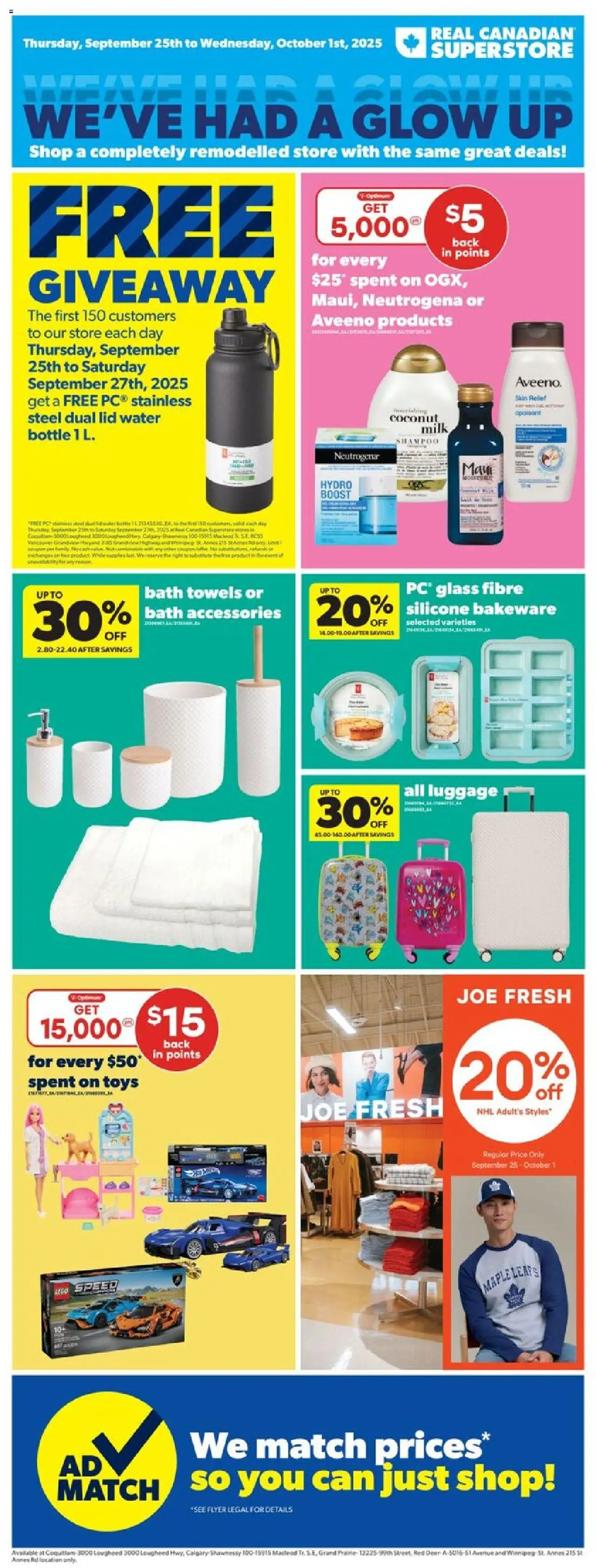 Real Canadian Superstore flyer valid from 25.09.2025 | Page: 1 | Products: Luggage, PC, Shampoo, Bath