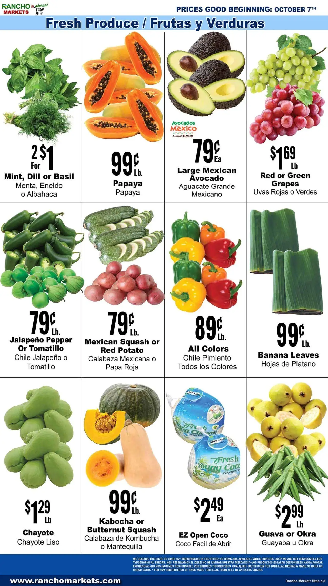 Rancho Markets Weekly Ad - valid from 07.10.2025 | Page: 3 | Products: Squash, Pepper, Grapes, Dill