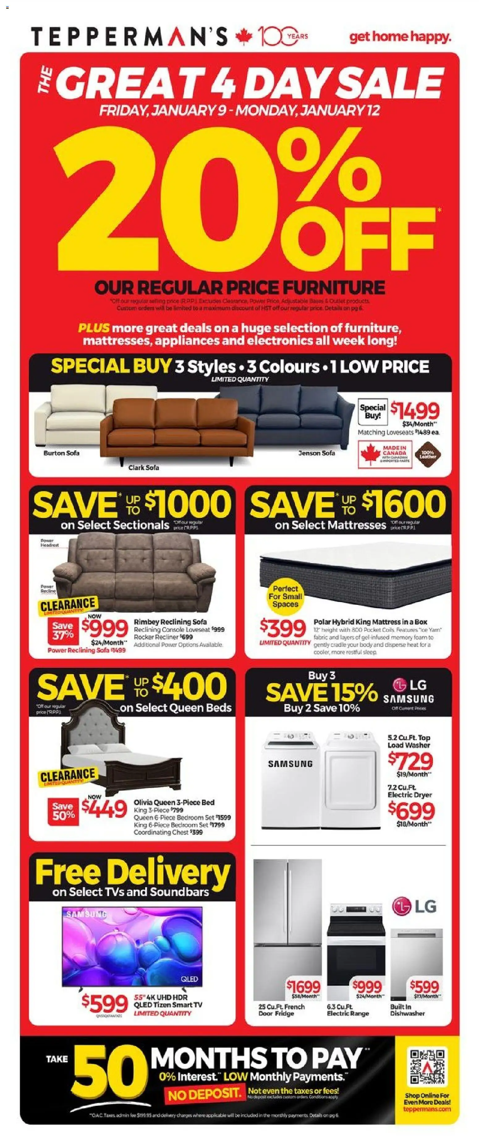 Tepperman's flyer valid from 08.01.2026 | Page: 1 | Products: Tv, Dishwasher, Bed, Sofa