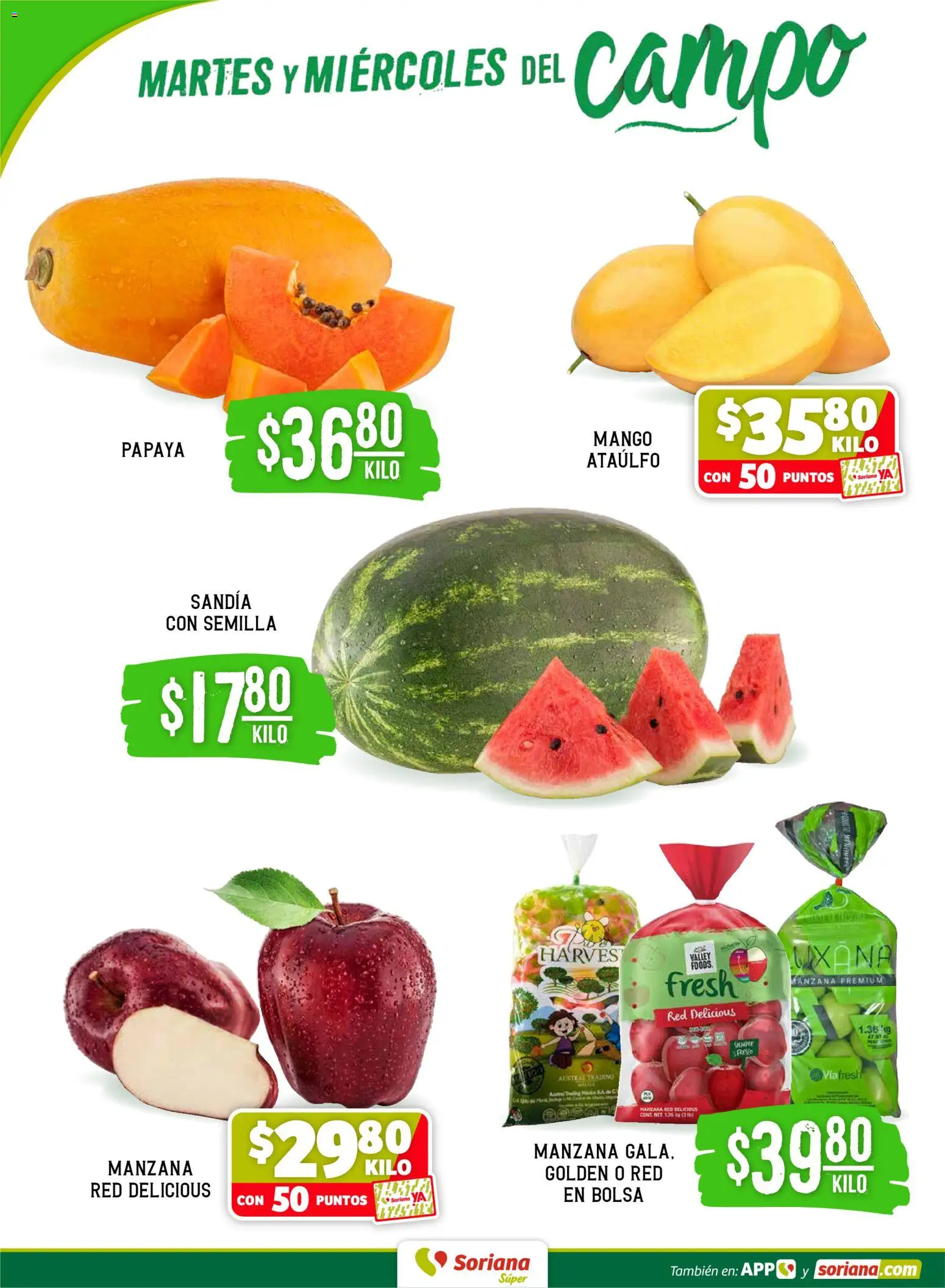Nuevas ofertas de Soriana válidas en toda la República Mexicana desde el 07.04.2026. ¡Encuentra las mejores ofertas en Soriana Martes y Miércoles del Campo Súper: Ags, Nay, Jal, Qro, Col, Mich, Gto, Hgo, Tlax, Mor, Pue, Gro, Oax, Edo. de Mex, Vall! | Página: 2 | Productos: Sandía, Bolsa, Manzana, Mango