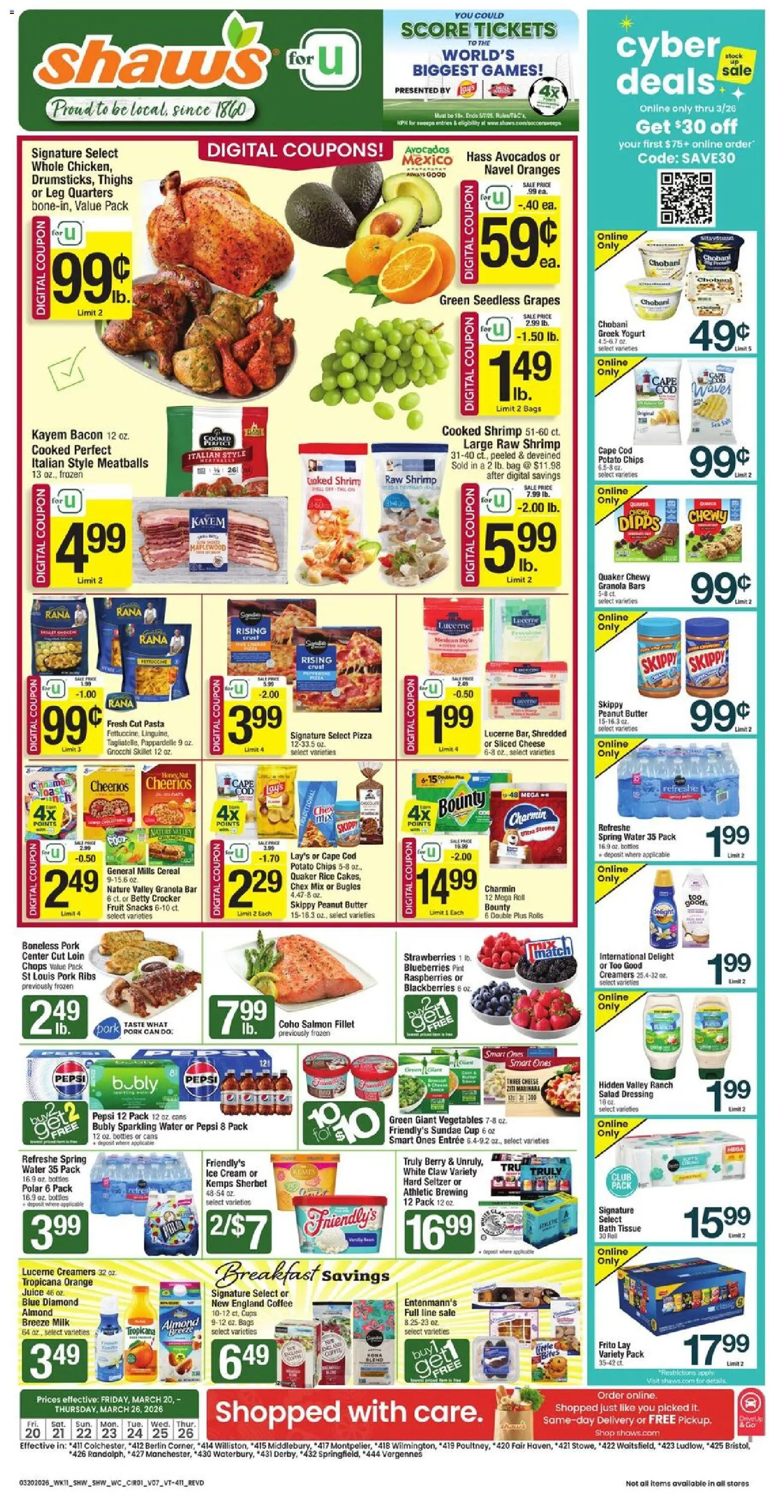 Shaw's Weekly Ad - VT - valid from 20.03.2026 | Page: 1 | Products: Skillet, Yogurt, Rice, Water