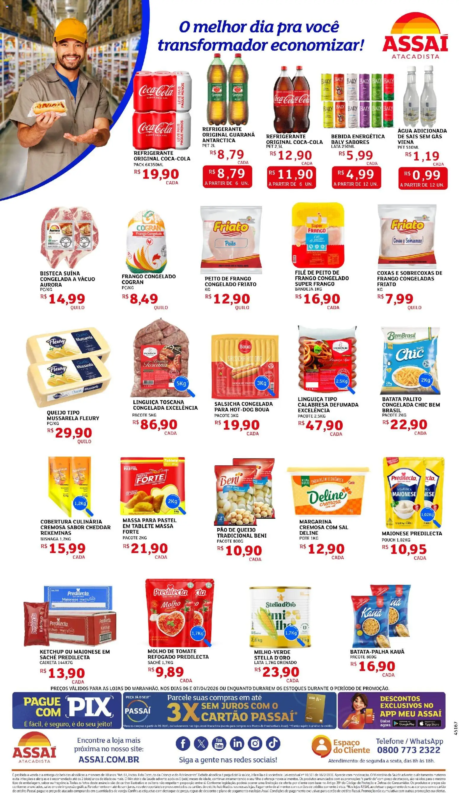 Assaí Atacadista Folheto - válido de 07.04.2026 | Página: 2 | Produtos: Salsicha, Cheddar, Bebida, Refrigerante