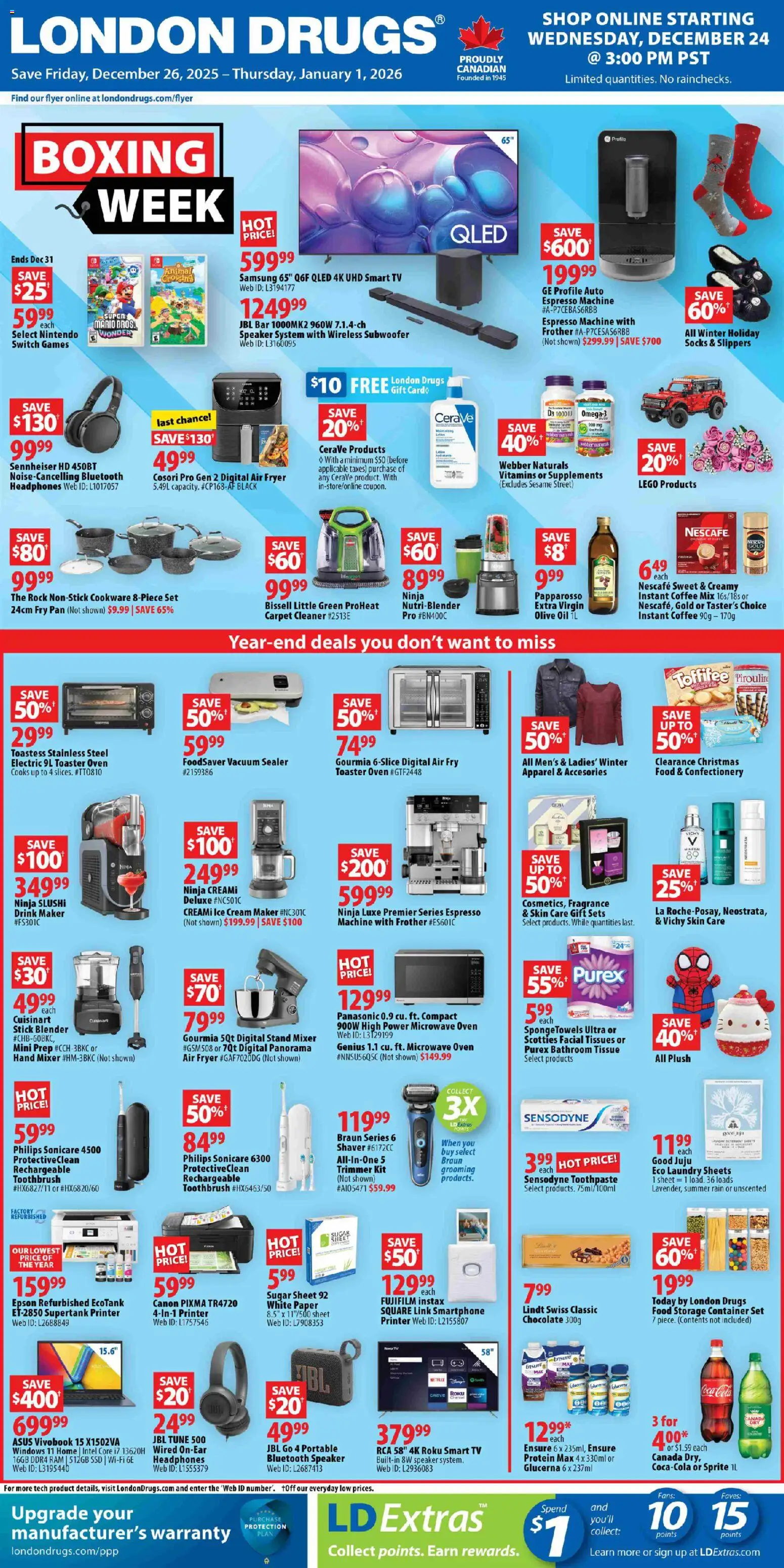 London Drugs flyer valid from 26.12.2025 | Page: 1 | Products: Printer, Oven, Fragrance, Chocolate
