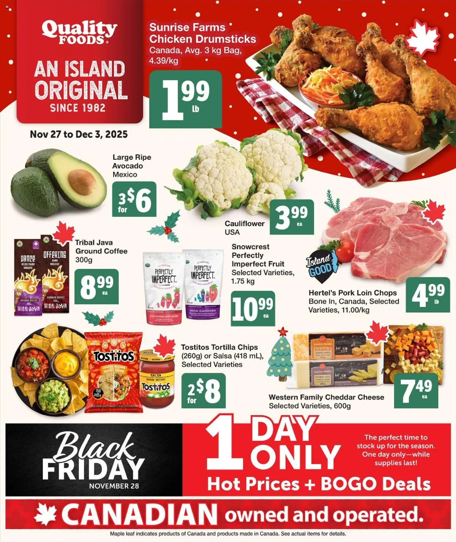 Quality Foods flyer valid from 27.11.2025 | Page: 1 | Products: Chips, Cheese, Coffee, Pork