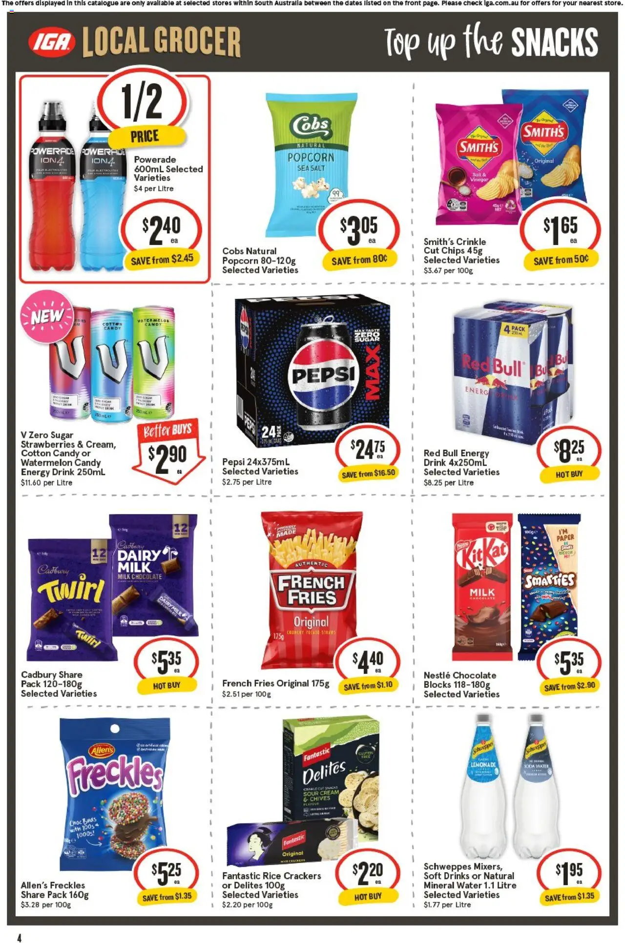 IGA catalogue - valid from 08.10.2025 | Page: 4 | Products: Milk, Pepsi, Chips, Soft drinks