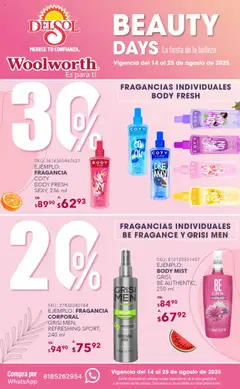 Vista previa de Del Sol y Woolworth - Catálogo La Fiesta de la Belleza - Pasillo Grisi Agosto, nuevo folleto de la tienda, válido en México a partir del 14.08.2025