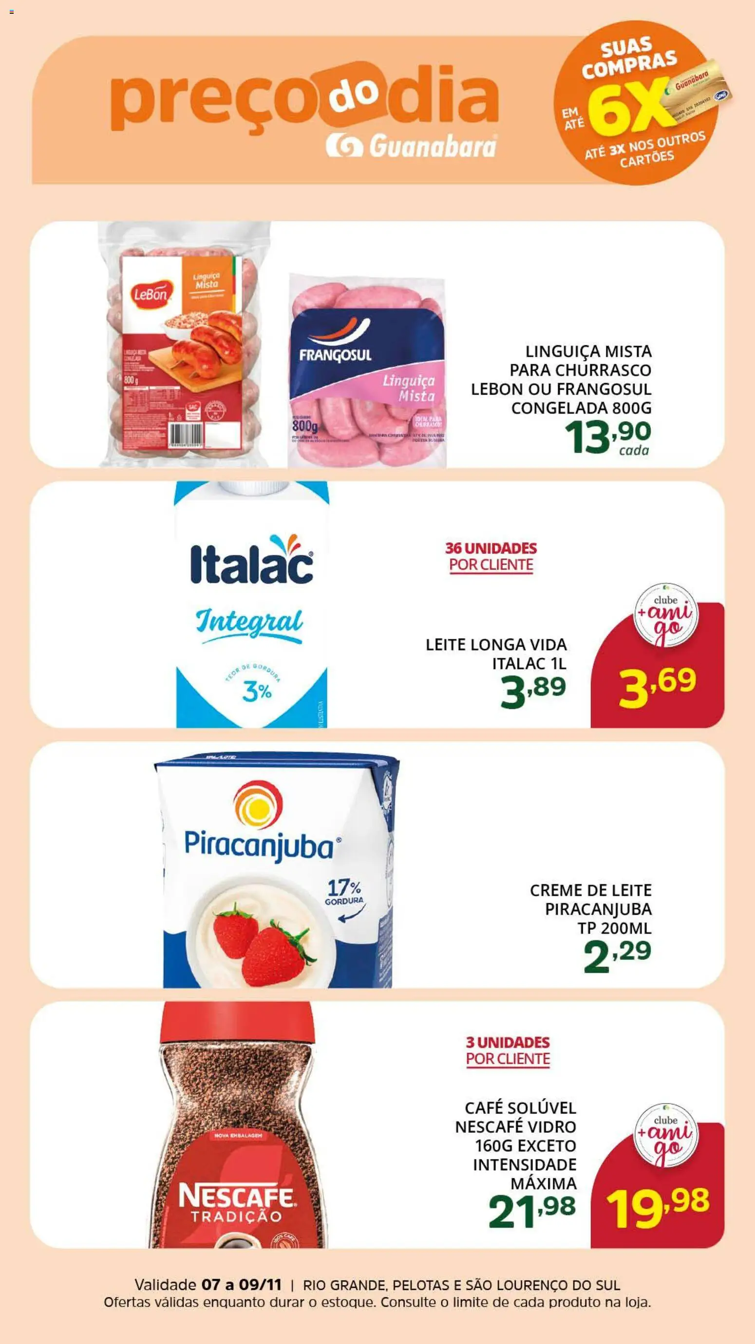 Supermercado Guanabara Folheto - válido de 07.11.2025 | Página: 2 | Produtos: Linguiça, Leite, Creme de leite, Café solúvel