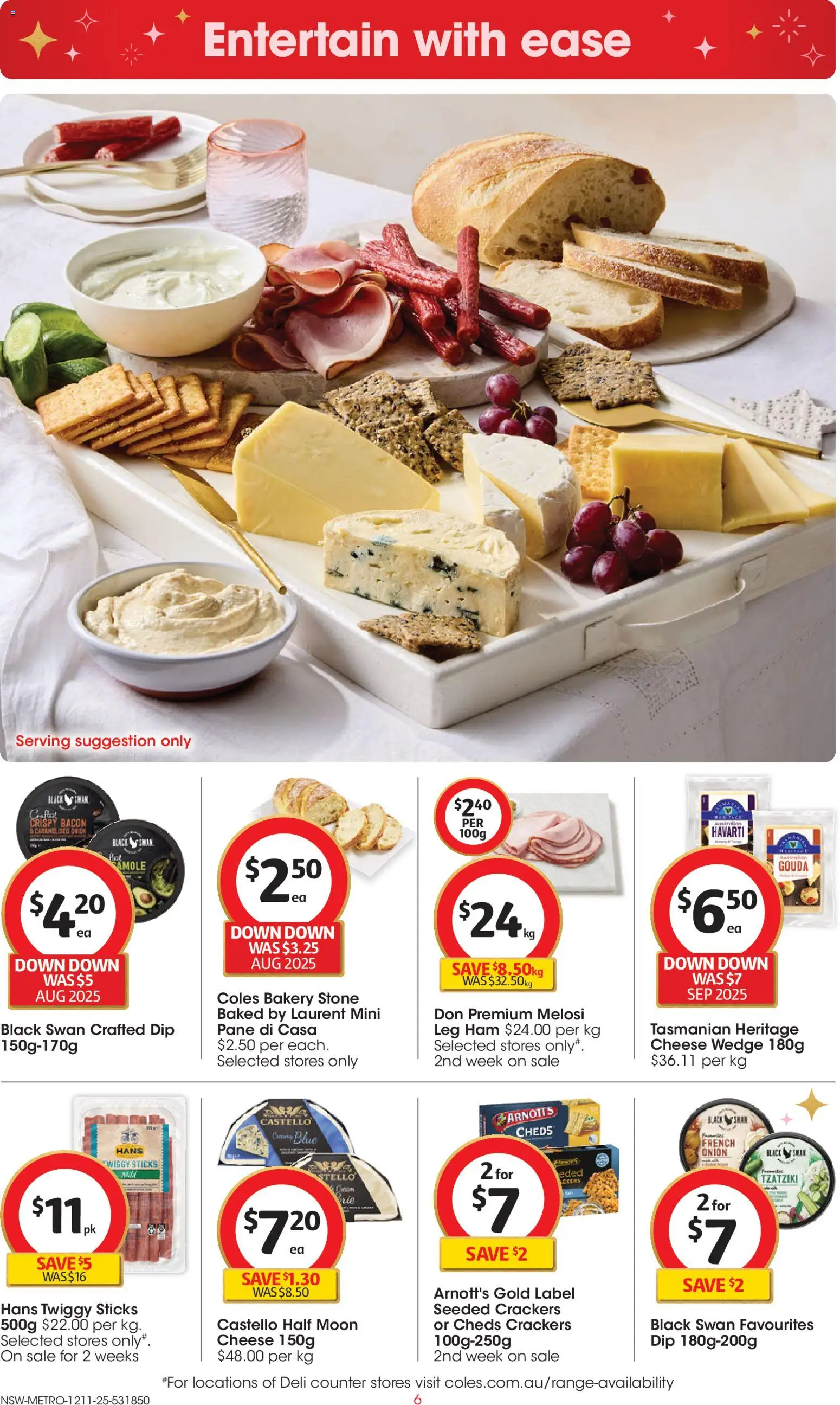 Coles catalogue - valid from 12.11.2025 | Page: 6 | Products: Crackers, Cheese, Ham, Bakery