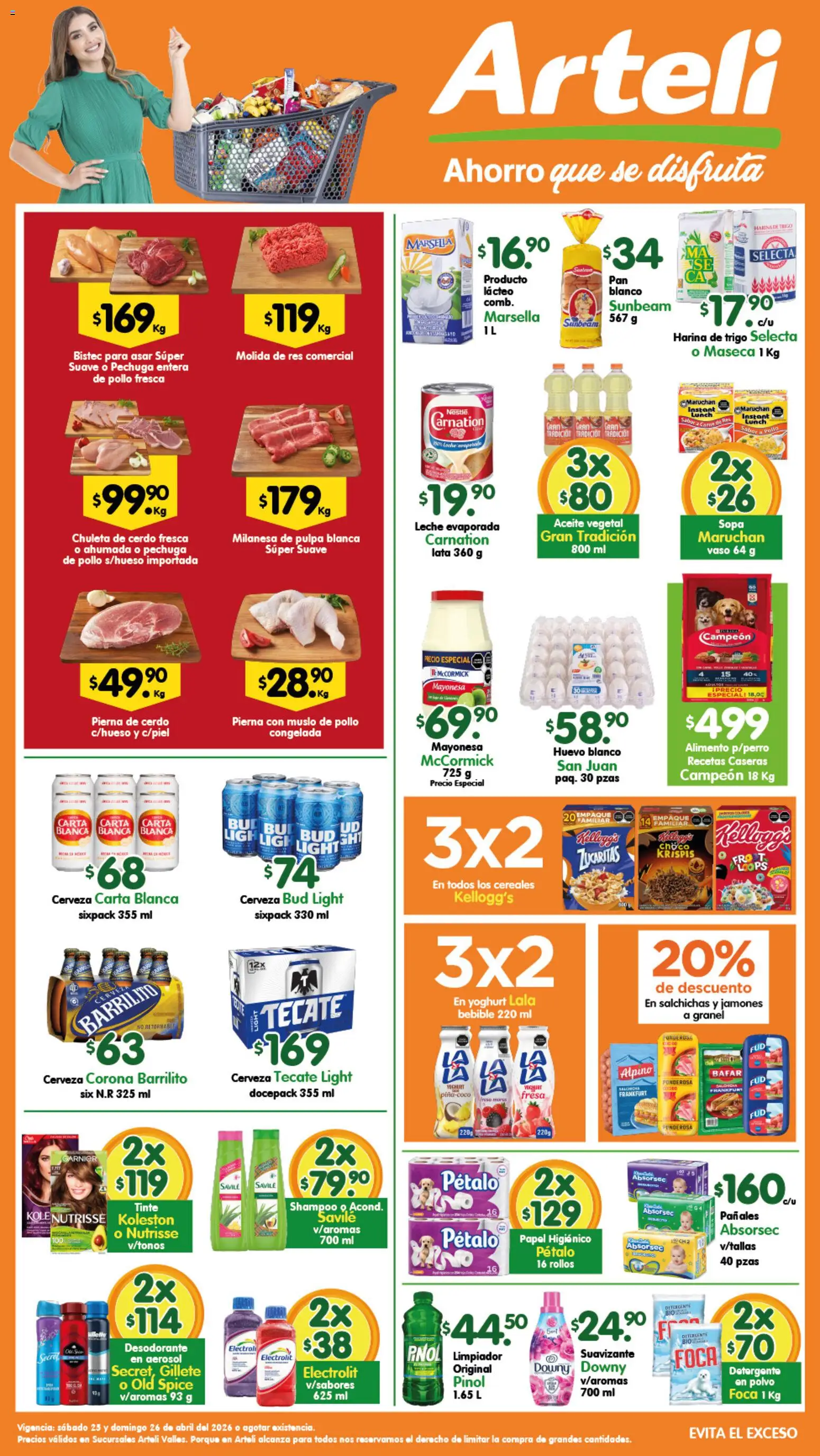 Nuevas ofertas de Arteli válidas en toda la República Mexicana desde el 25.04.2026. ¡Encuentra las mejores ofertas en Arteli folleto Valles! | Página: 1 | Productos: Milanesa, Cerveza, Cereales, Suavizante
