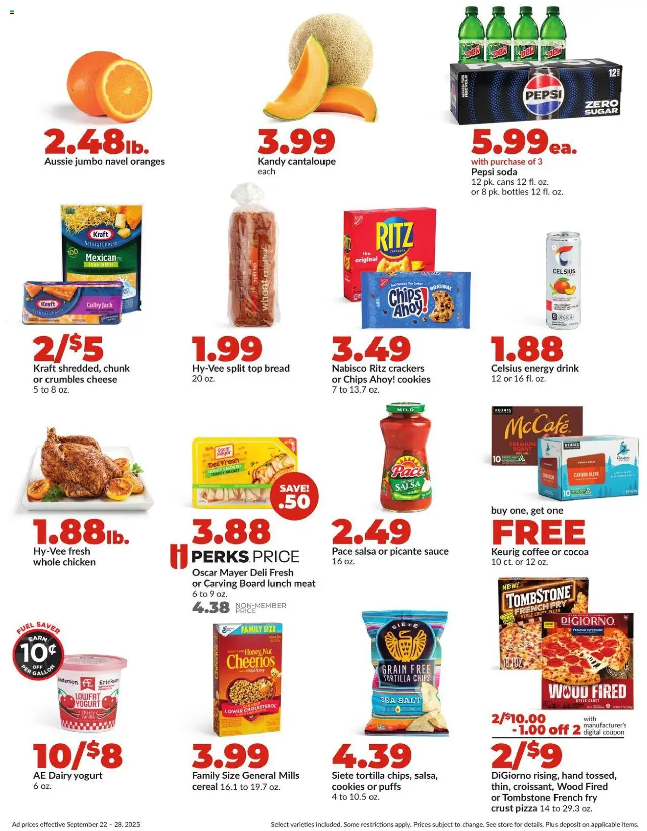 HyVee Weekly Ad - valid from 22.09.2025 | Page: 2 | Products: Cheese, Bread, Chips, Cookies