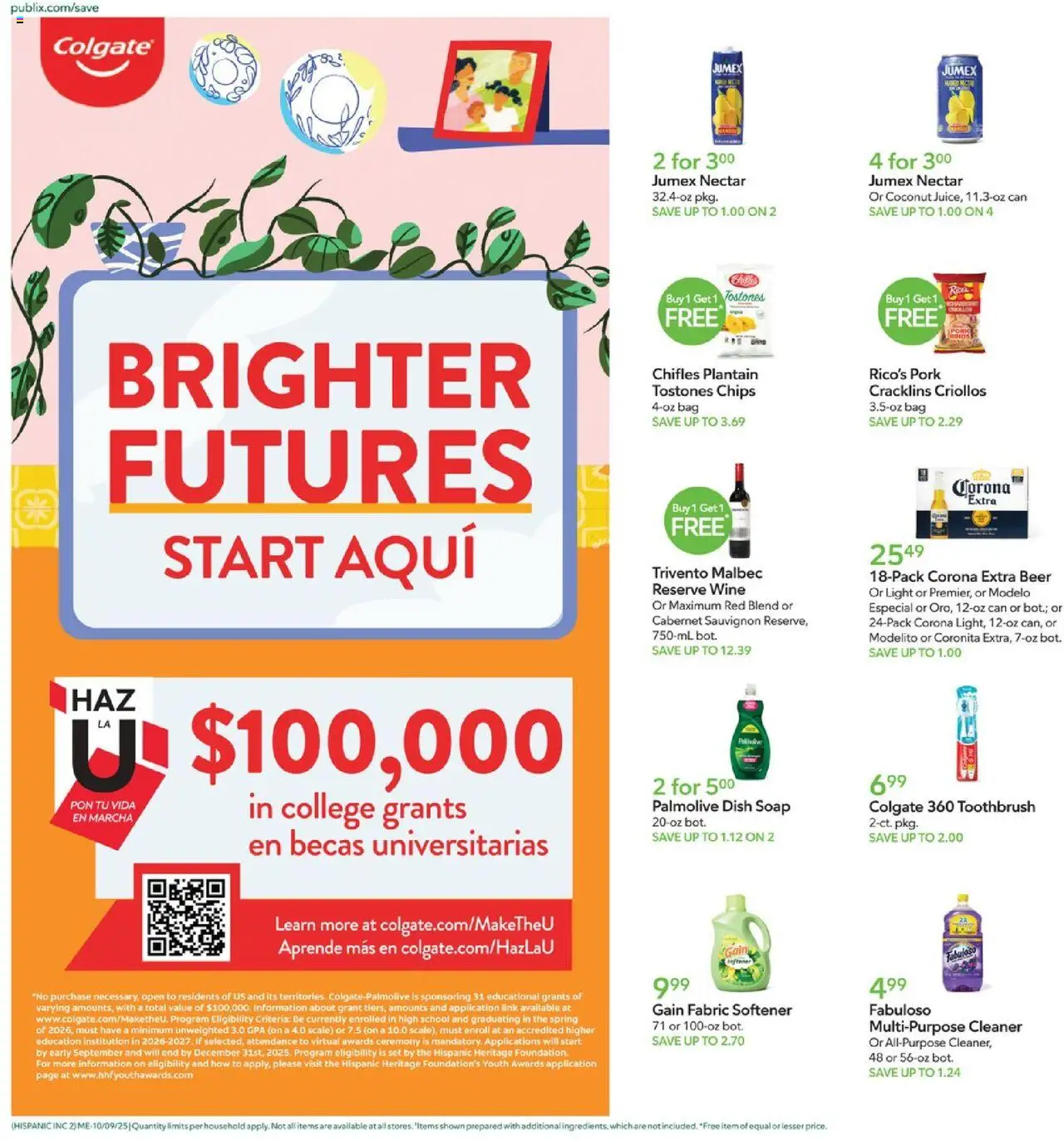 Publix Hispanic Ad - valid from 09.10.2025 | Page: 2 | Products: Soap, Toothbrush, Fabric softener, Bag