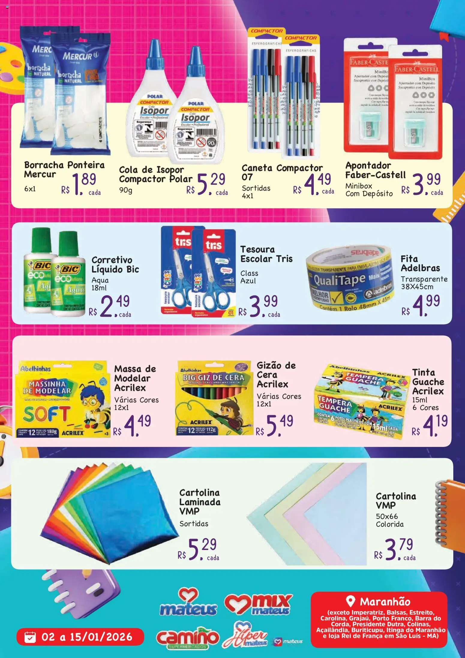 Mateus Folheto - válido de 02.01.2026 | Página: 3 | Produtos: Caneta, Cartolina, Cera, Tinta