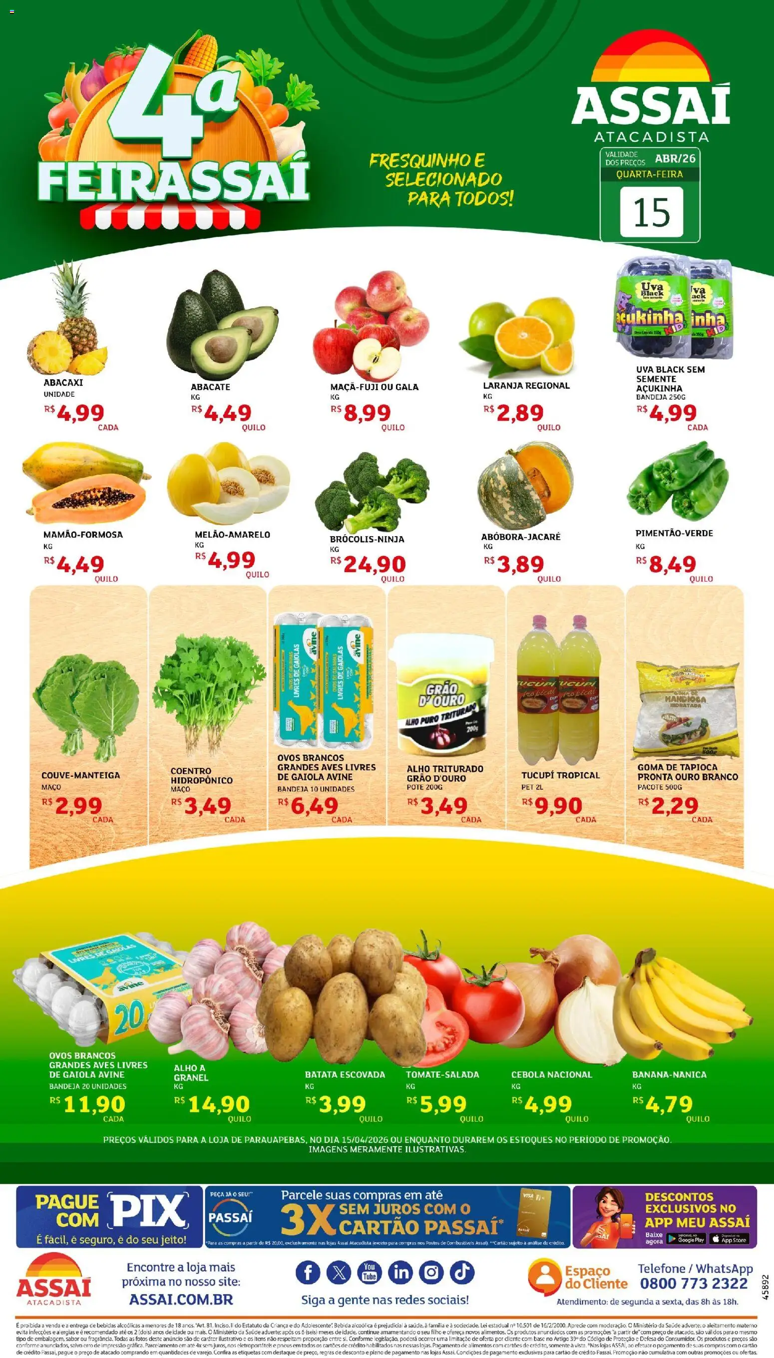 Assaí Atacadista Folheto - válido de 15.04.2026 | Página: 1 | Produtos: Mandioca, Tapioca, Abacaxi, Bandeja