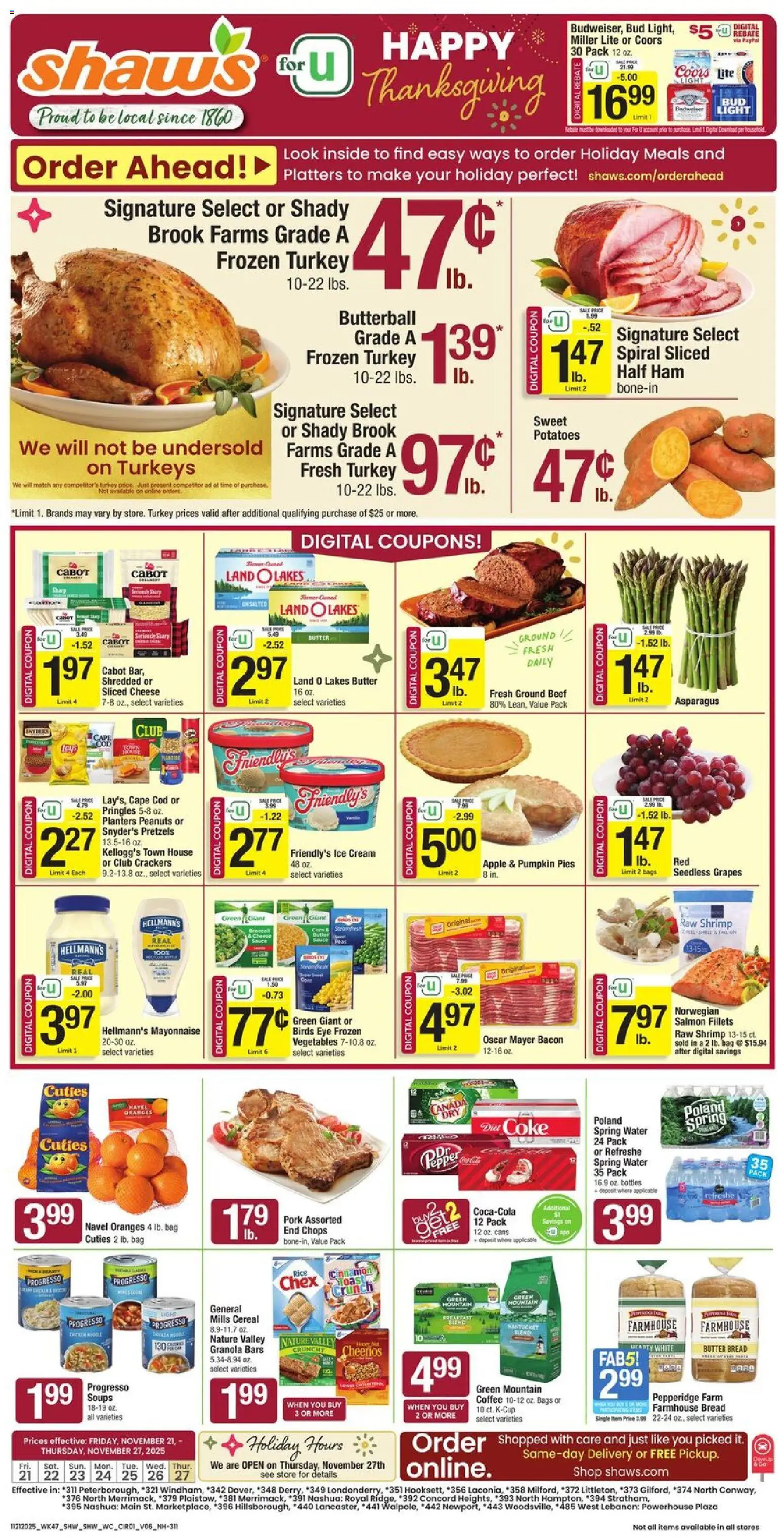 Shaw's Weekly Ad - NH - valid from 21.11.2025 | Page: 1 | Products: Asparagus, Ham, Potatoes, Vegetables