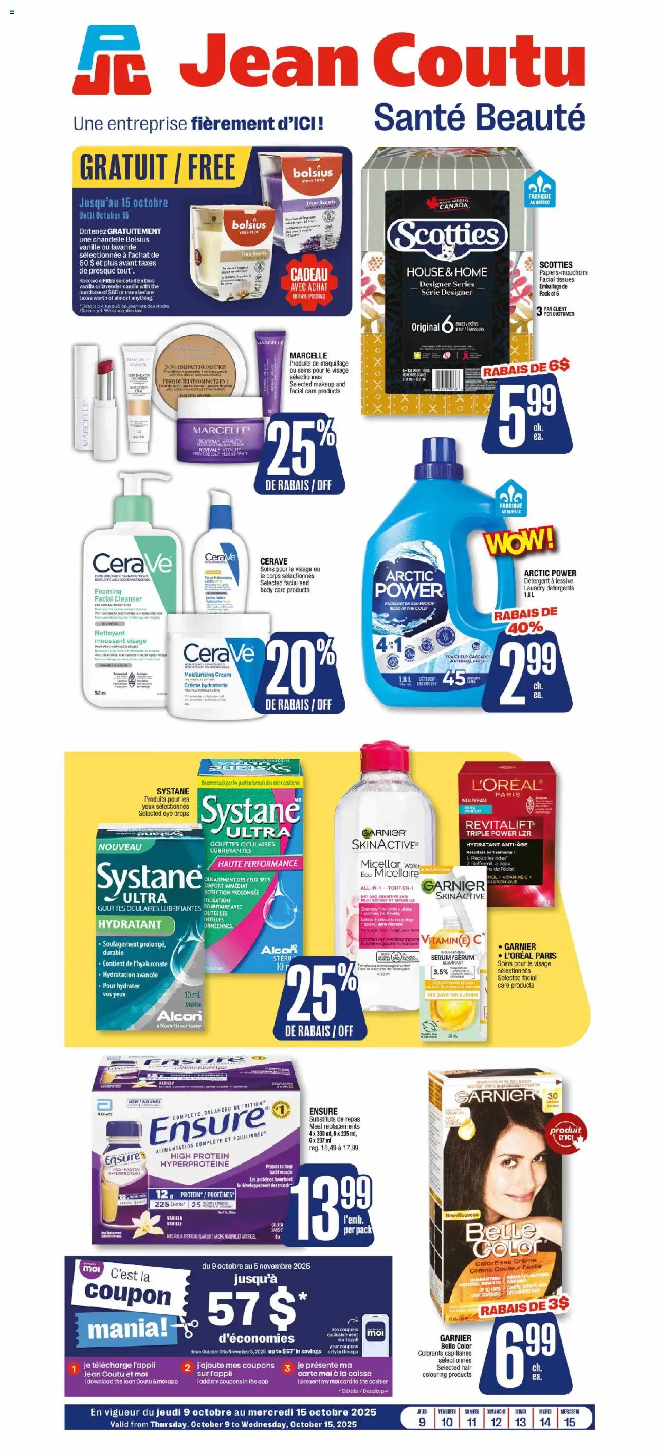 Jean Coutu flyer valid from 09.10.2025 | Page: 1 | Products: Cream, Powder, Micellar water, Detergent