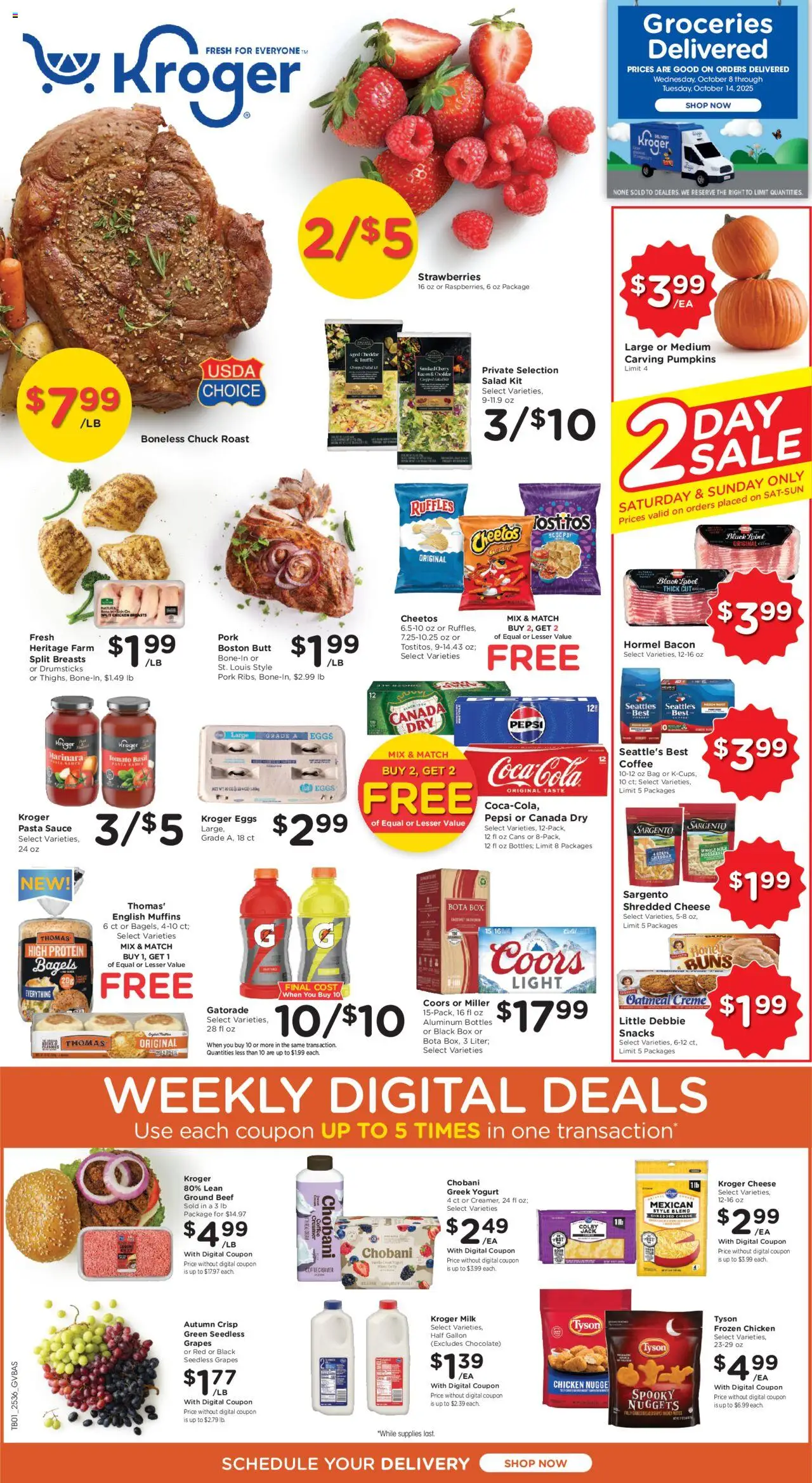Kroger Ad - valid from 08.10.2025 | Page: 1 | Products: Box, Beef, Strawberries, Salad